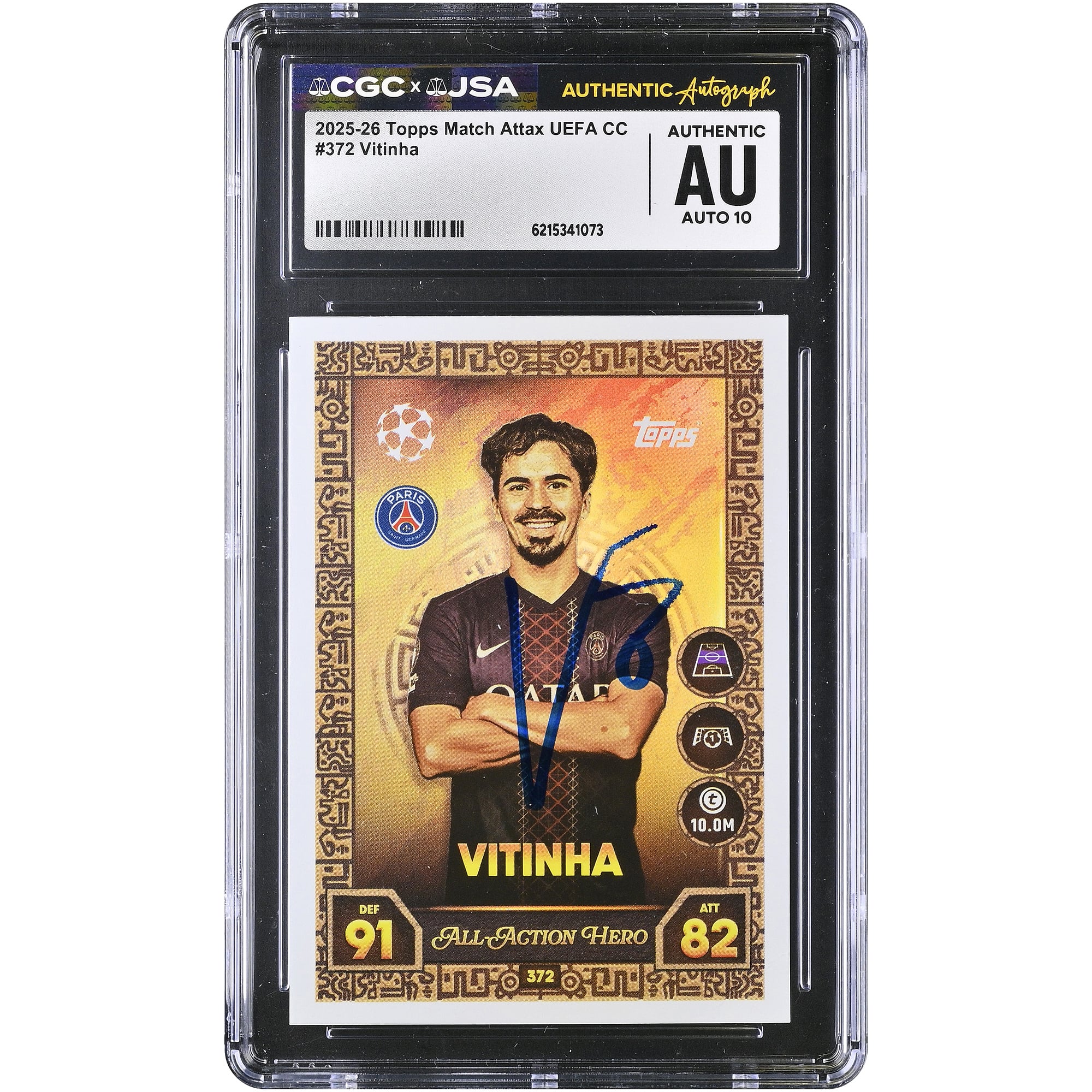 Carte autographiée Vitinha Paris Saint-Germain 2025-26 Topps Match Attax UEFA CC #372 authentifiée CGC AUTO 10