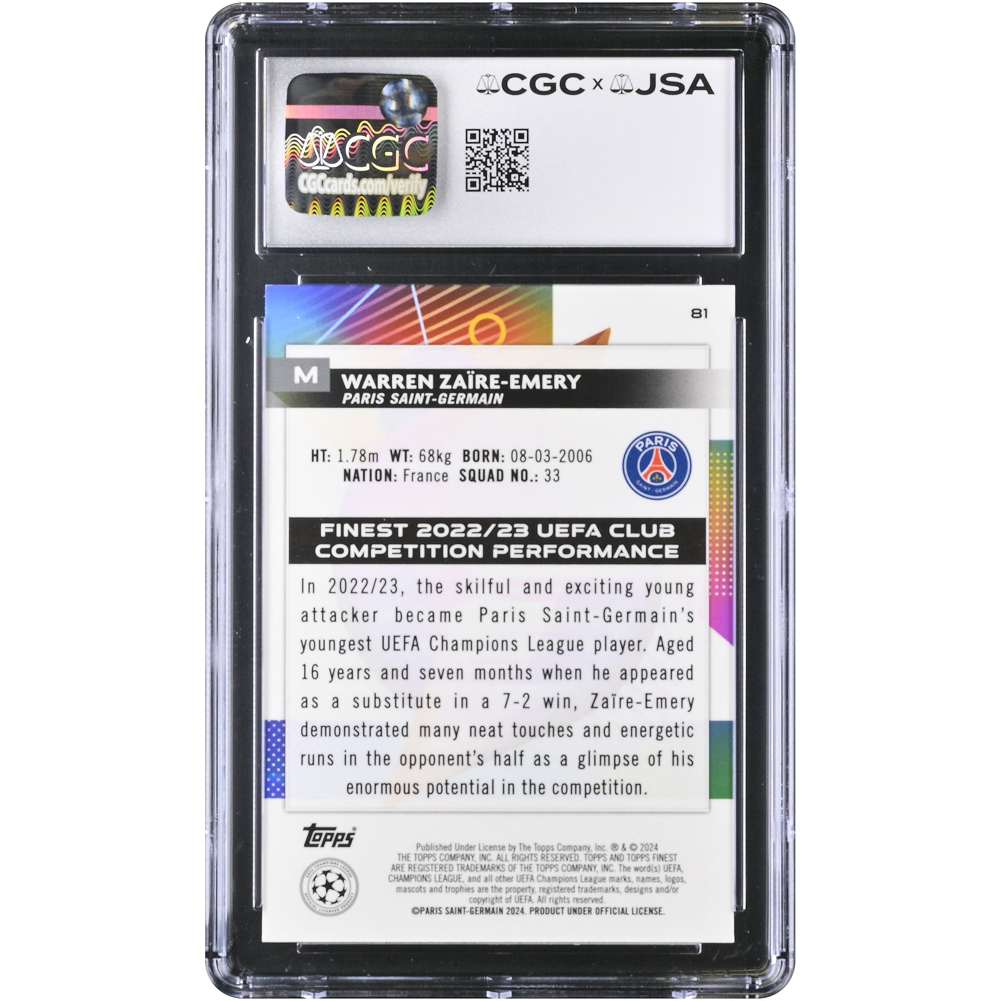 Carte autographiée par Warren Zaïre-Emery (Paris Saint-Germain) 2023-24 Topps Finest UEFA CC Sky Blue Refractor n° 81/275, authentifiée CGC 9/10.