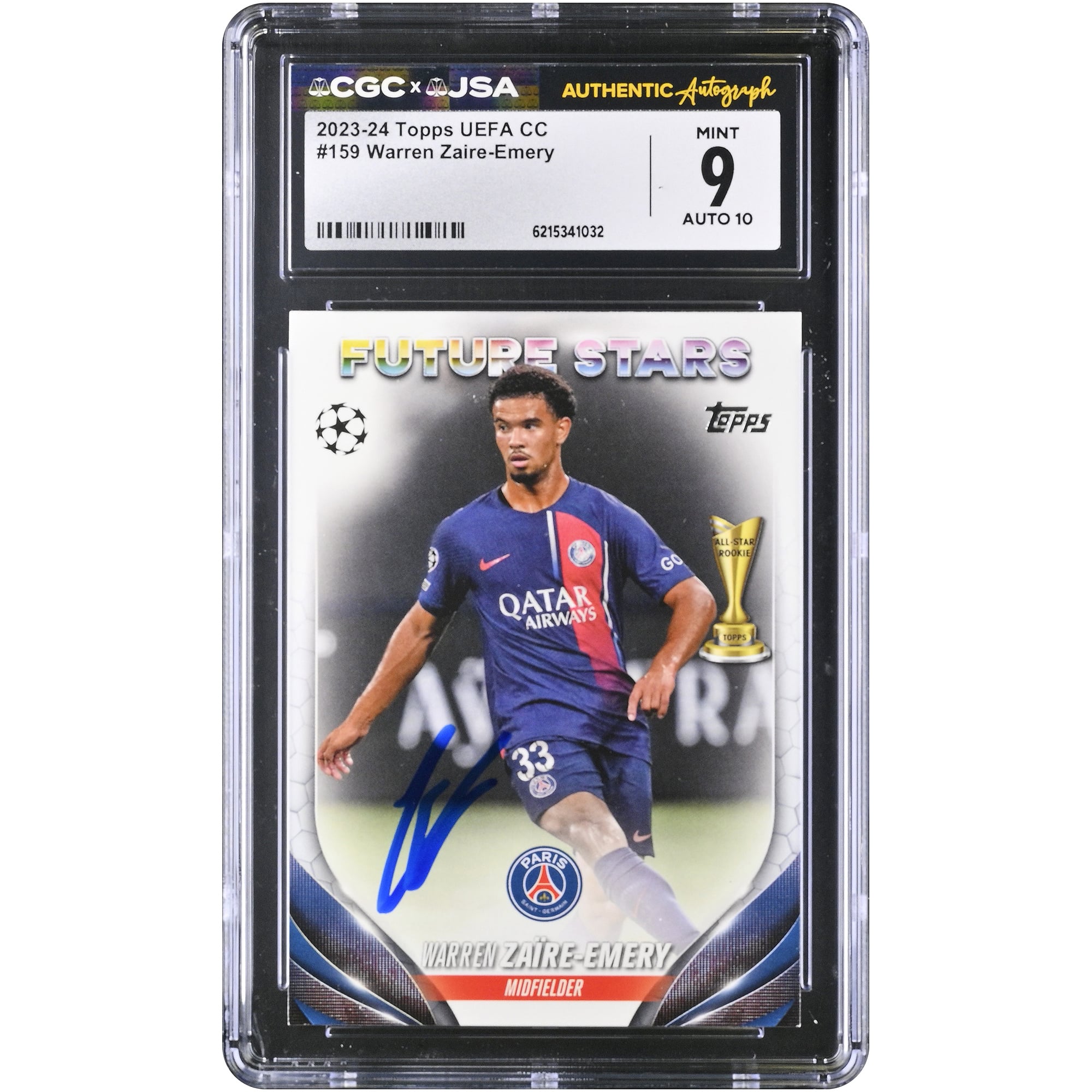 Carte autographiée de Warren Zaïre-Emery (Paris Saint-Germain) 2023-24 Topps UEFA CC n° 159, authentifiée CGC 9/10