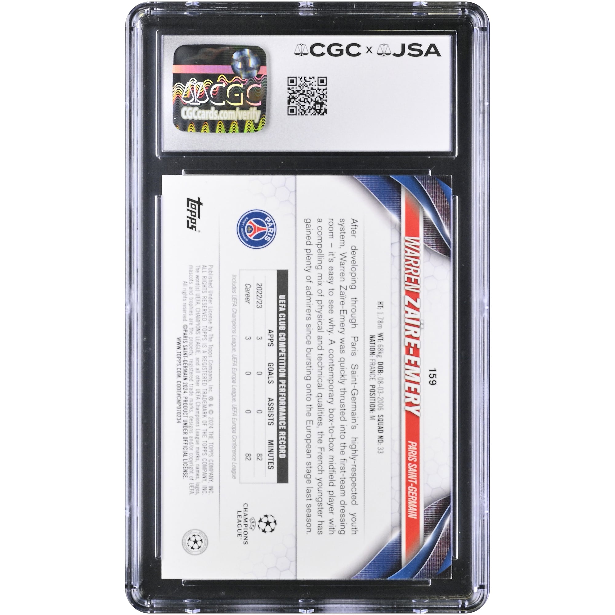 Carte autographiée de Warren Zaïre-Emery (Paris Saint-Germain) 2023-24 Topps UEFA CC #159, authentifiée CGC AUTO 10