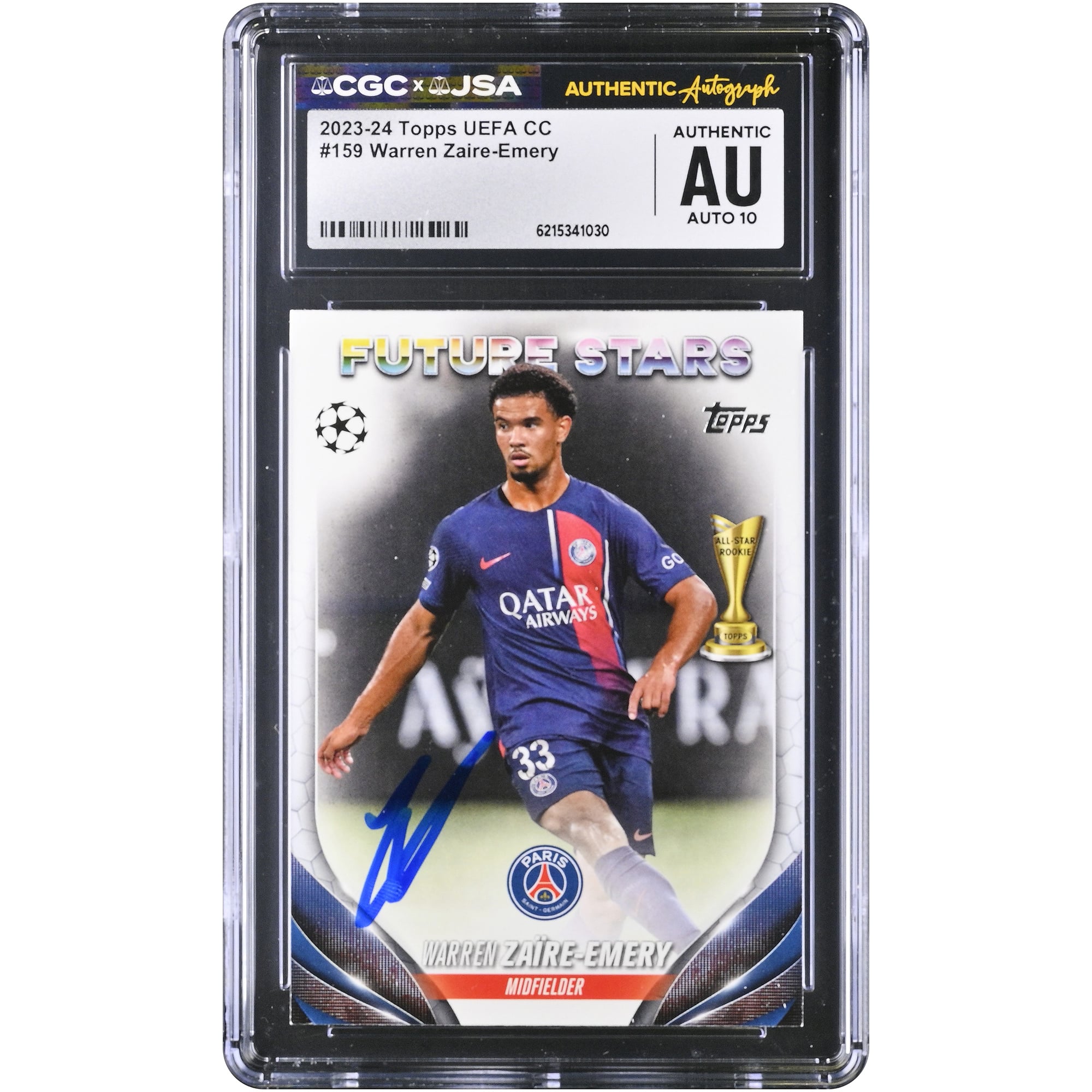 Carte autographiée de Warren Zaïre-Emery (Paris Saint-Germain) 2023-24 Topps UEFA CC #159, authentifiée CGC AUTO 10
