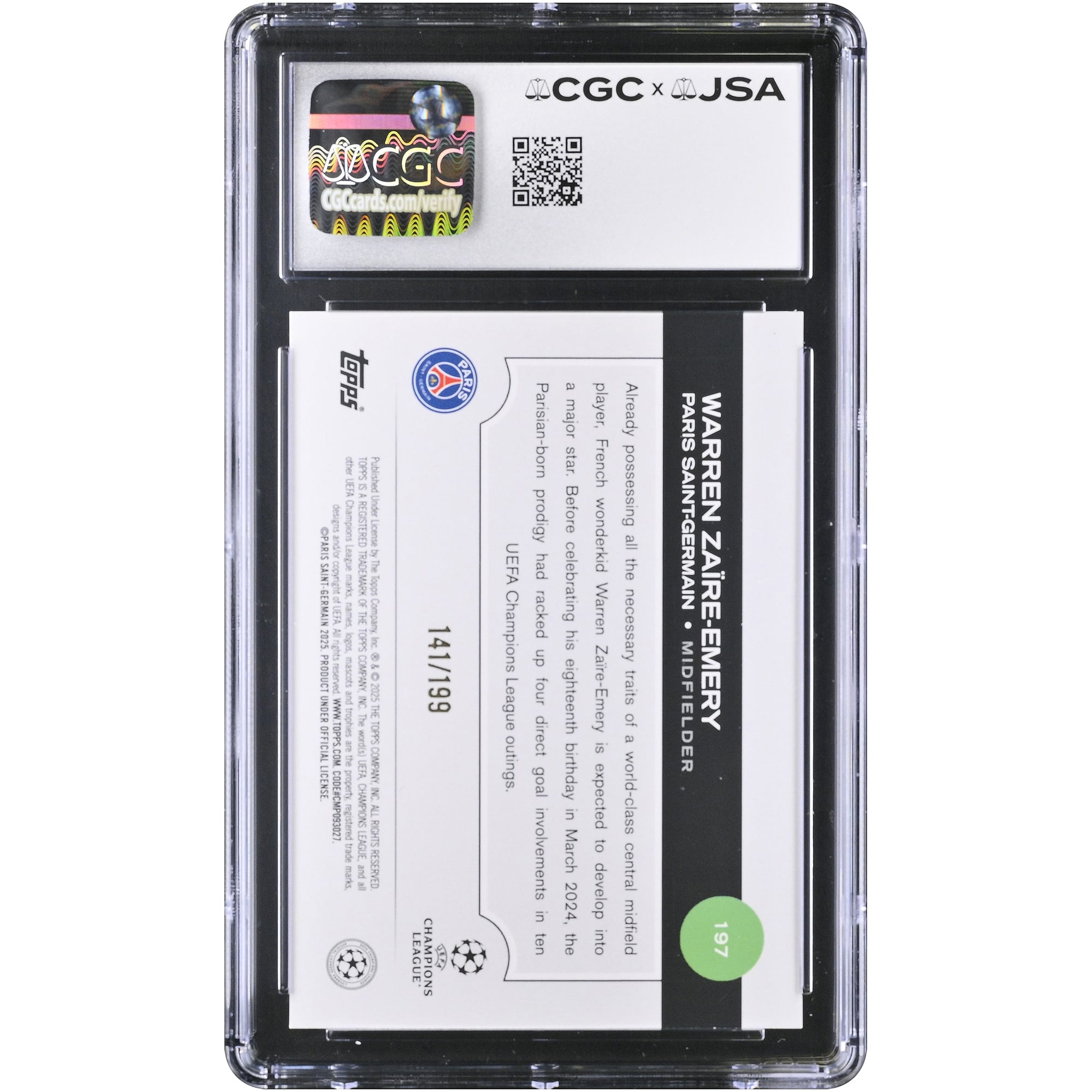 Carte autographiée de Warren Zaïre-Emery (Paris Saint-Germain) 2024-25 Topps UEFA CC Neon Green Foilboard n° 197/199, authentifiée CGC AUTO 10