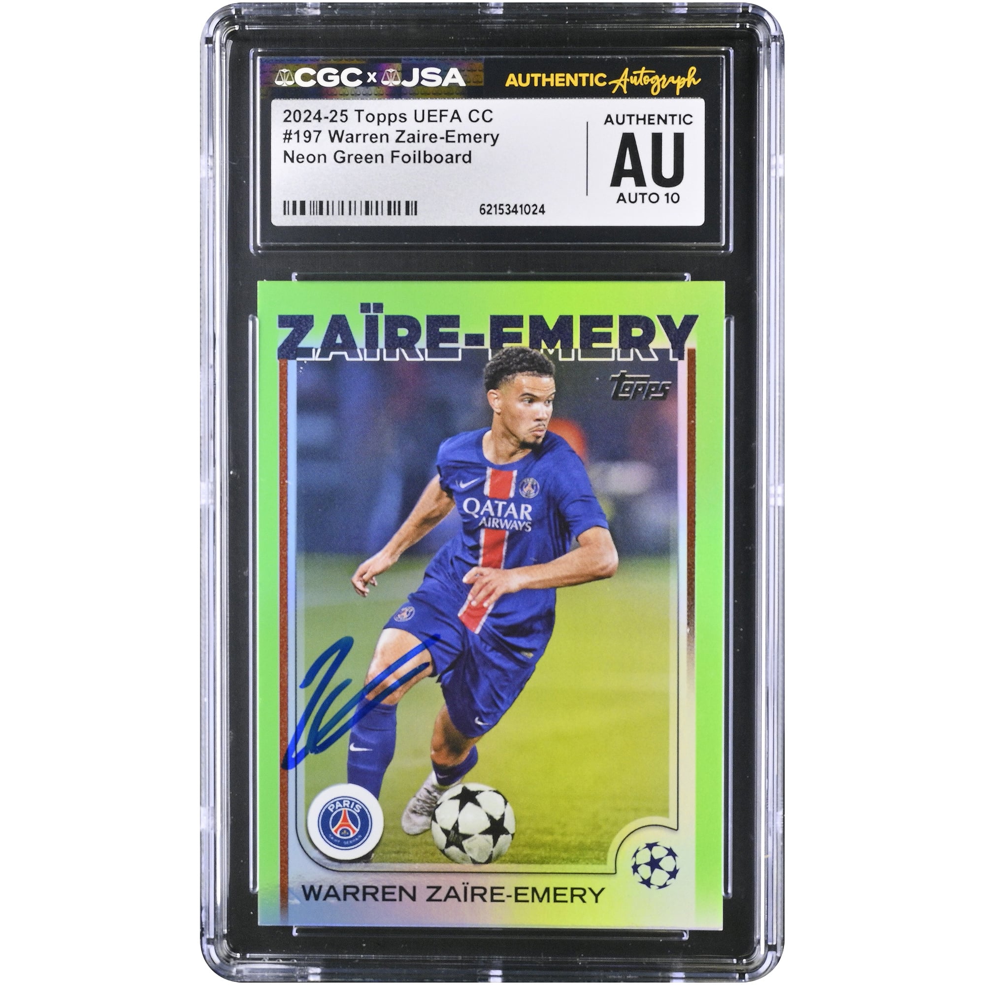 Carte autographiée de Warren Zaïre-Emery (Paris Saint-Germain) 2024-25 Topps UEFA CC Neon Green Foilboard n° 197/199, authentifiée CGC AUTO 10