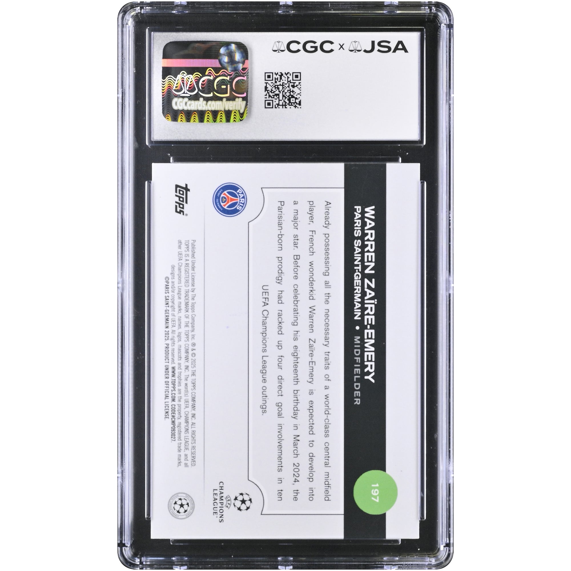 Carte authentifiée CGC 2024-25 Topps UEFA CC n° 197, signée par Warren Zaïre-Emery (Paris Saint-Germain),