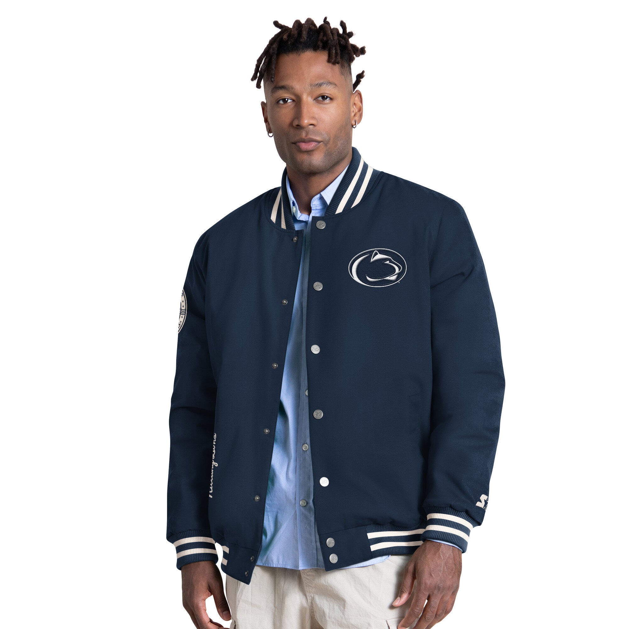 Men's Starter Navy Penn State Nittany Lions Spectator Varsity Full Snap Jacket