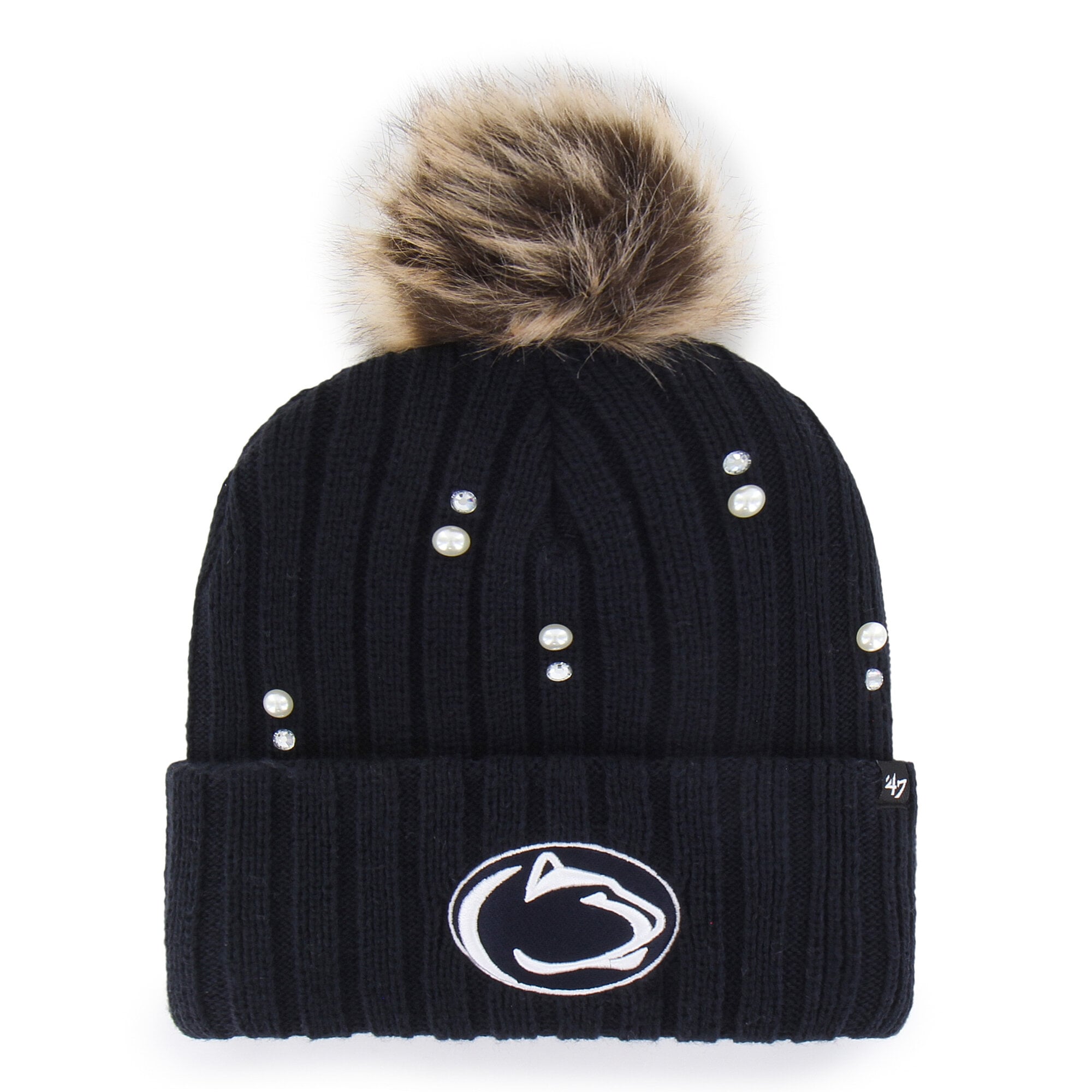 Bonnet en maille de fourrure nacrée Penn State Nittany Lions, modèle 47, bleu marine, avec pompon