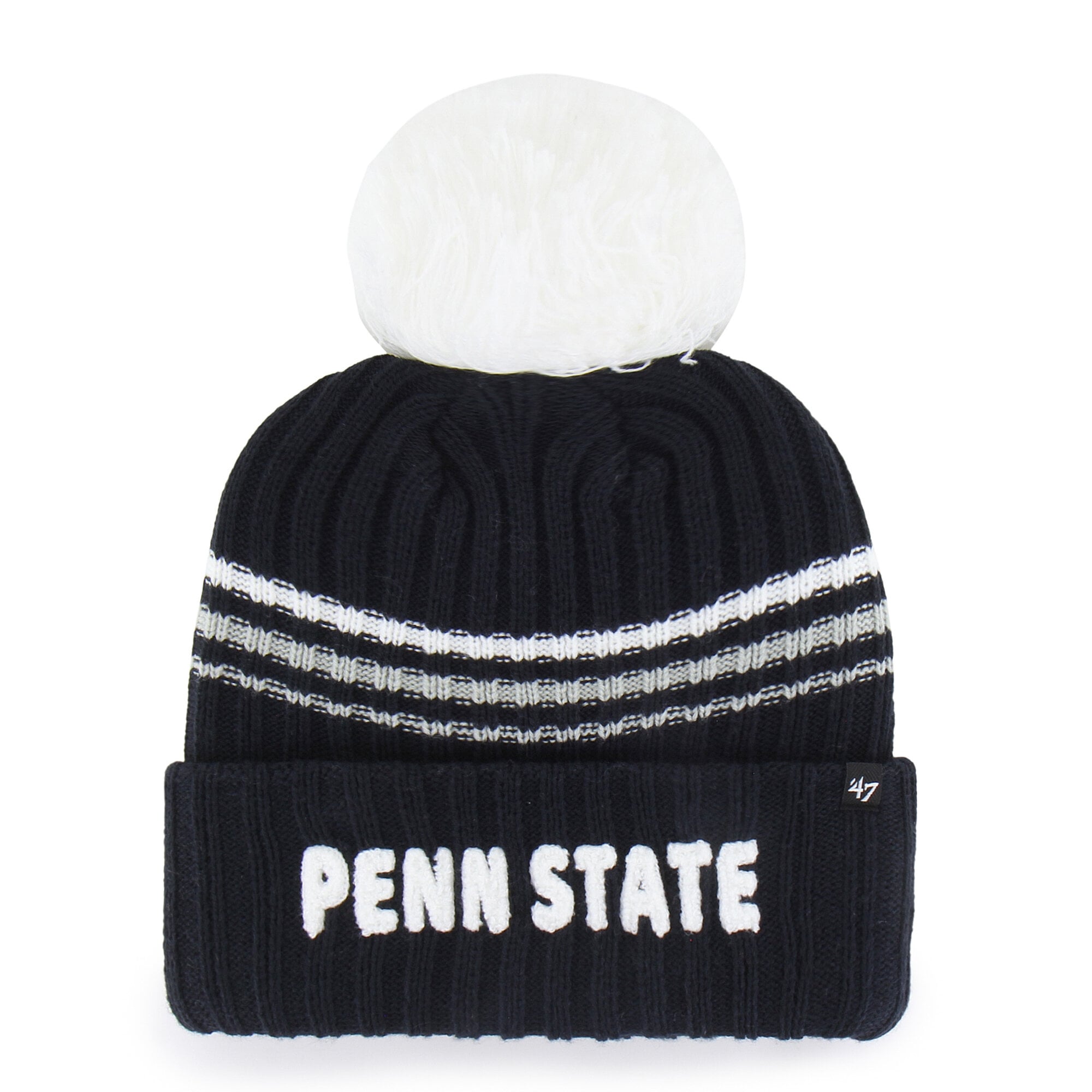 Bonnet tricoté à pompon et inscription duveteuse, modèle 47, bleu marine, Penn State Nittany Lions, pour femme