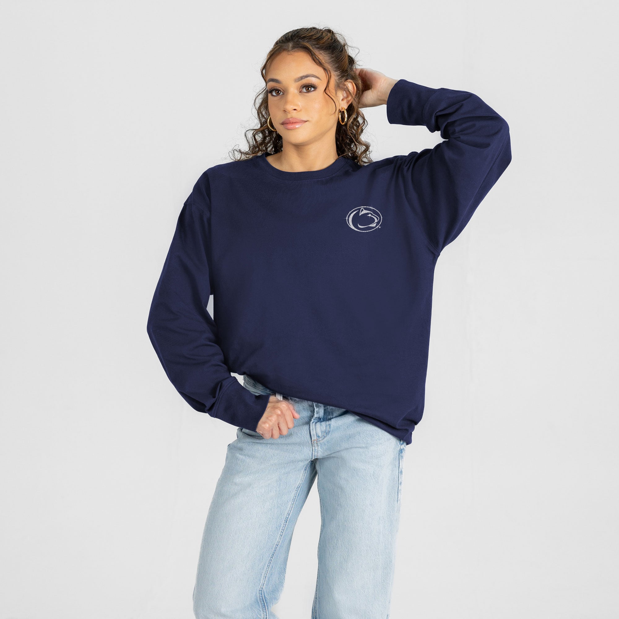 T-shirt à manches longues pour femmes, collection Gameday Couture, bleu marine, Penn State Nittany Lions, orné de strass « Light It Up »