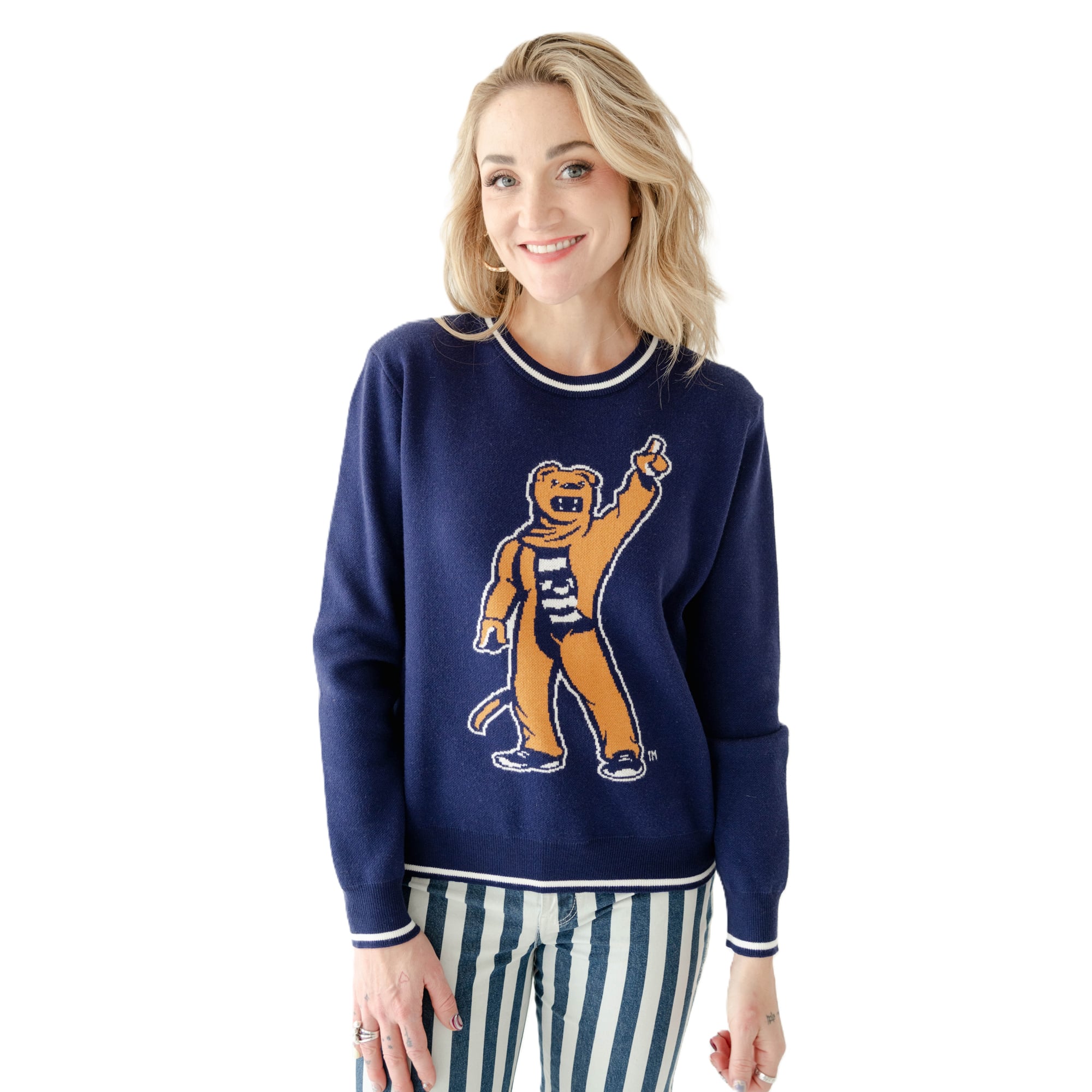 Pull-over pour femmes Penn State Nittany Lions bleu marine, motif mascotte intarsia, idéal les jours de match.
