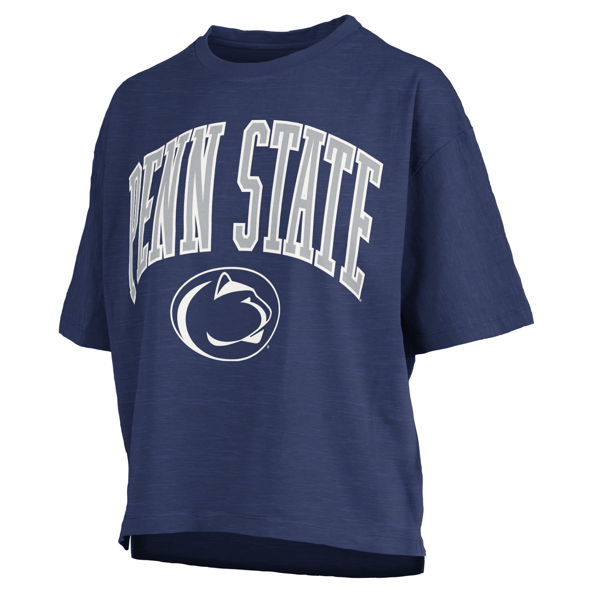 T-shirt oversize Pressbox Navy Penn State Nittany Lions pour femmes, logo Nelson Arch Over, en flammage.