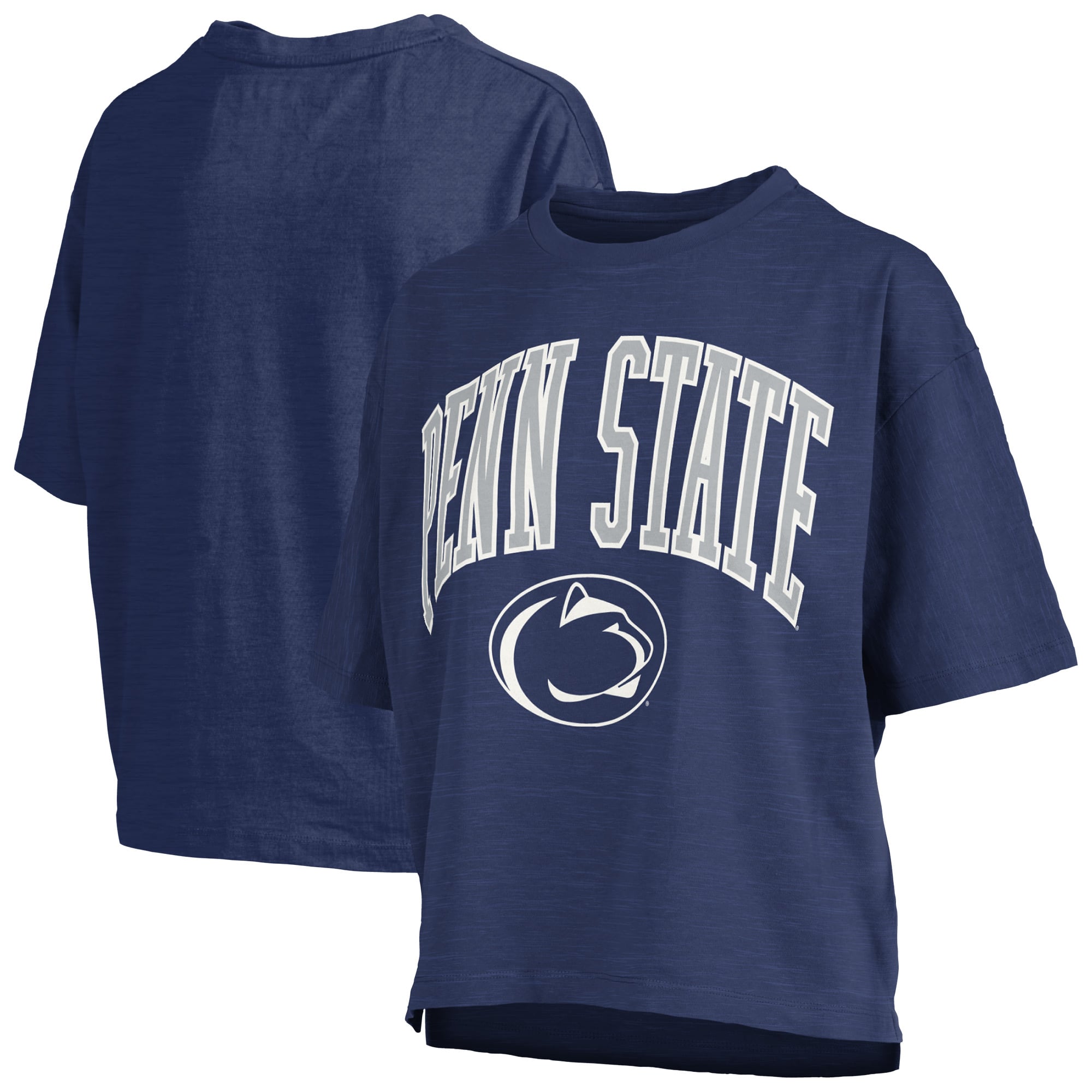 T-shirt oversize Pressbox Navy Penn State Nittany Lions pour femmes, logo Nelson Arch Over, en flammage.