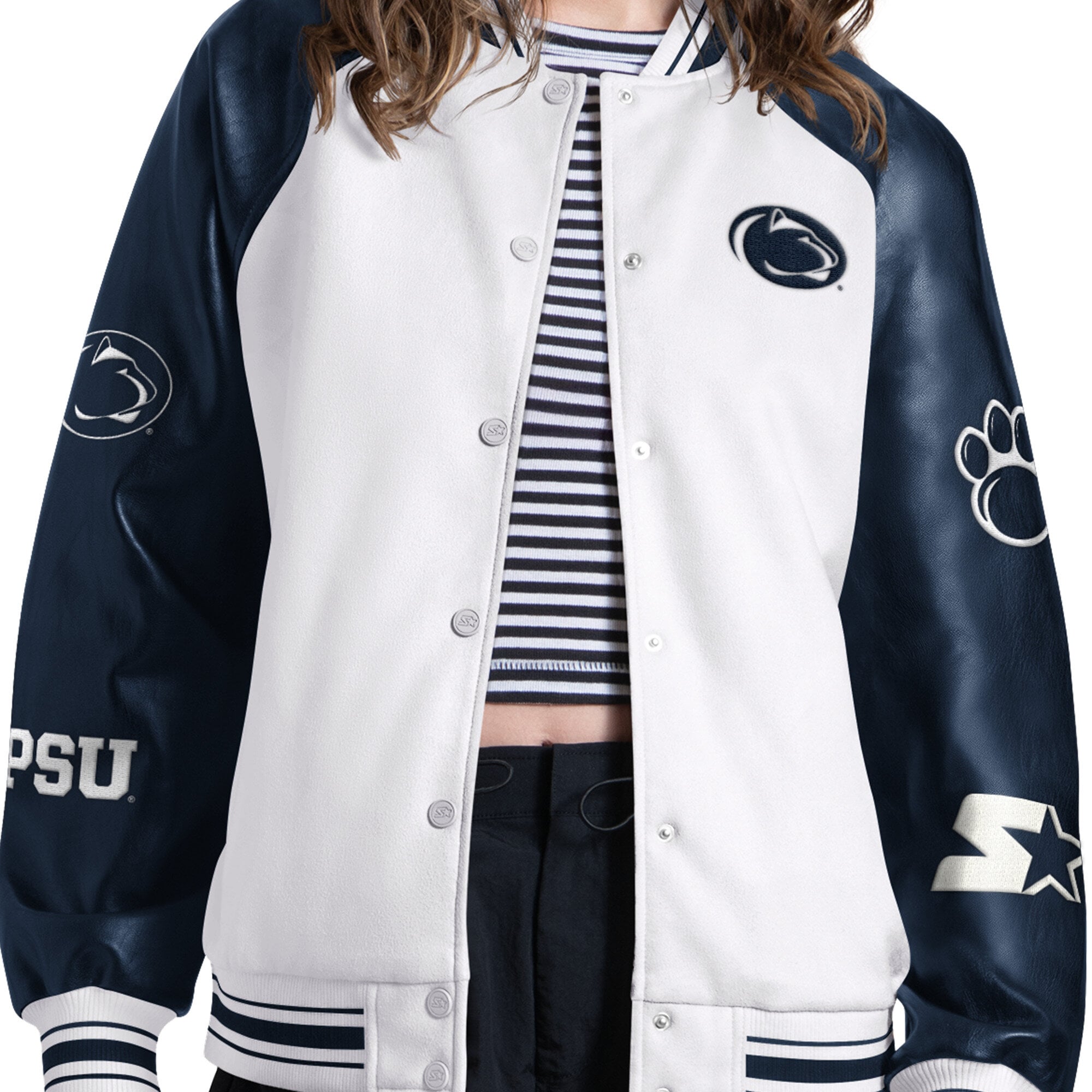 Veste universitaire raglan à boutons-pression Starter Cream pour femme Penn State Nittany Lions End Zone