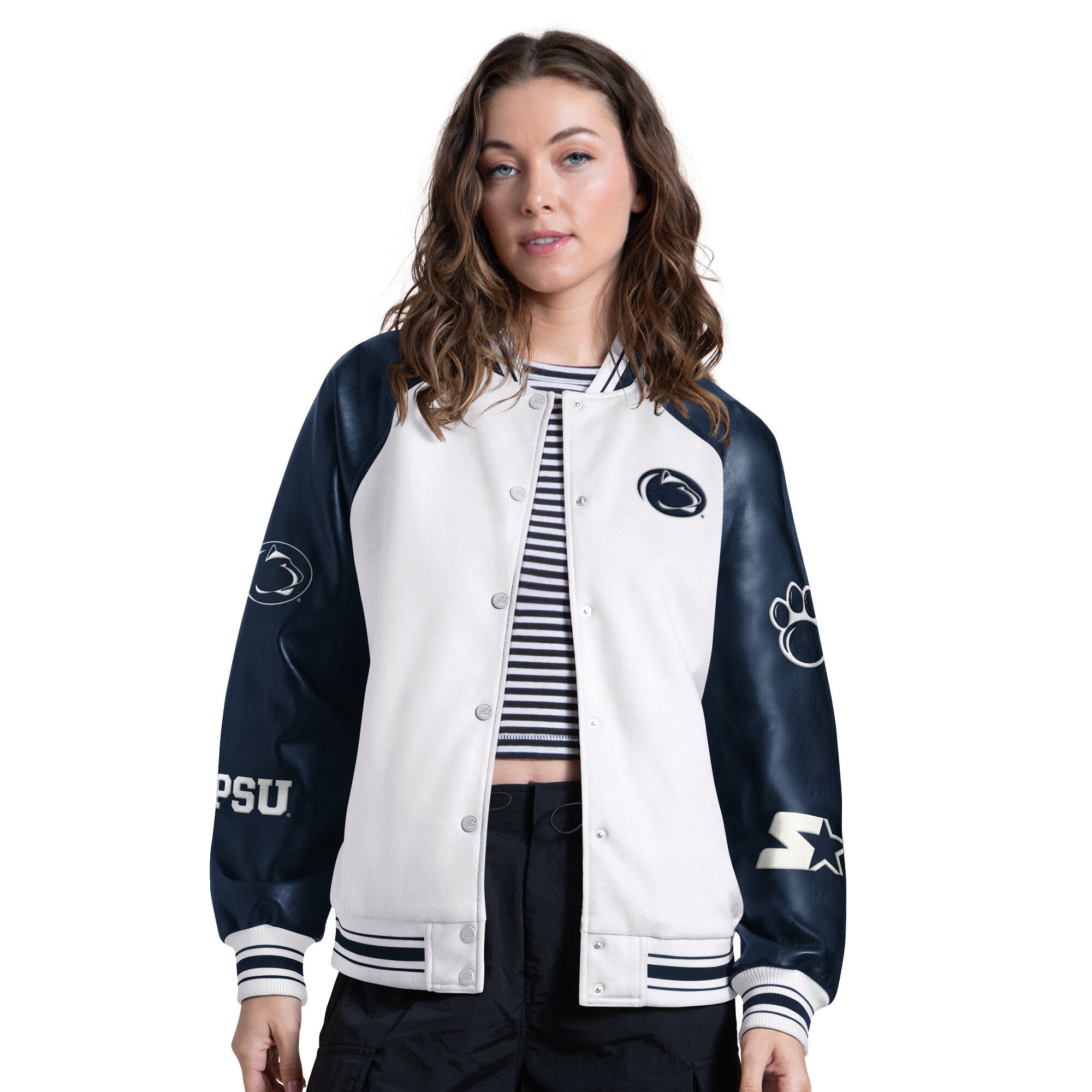 Veste universitaire raglan à boutons-pression Starter Cream pour femme Penn State Nittany Lions End Zone