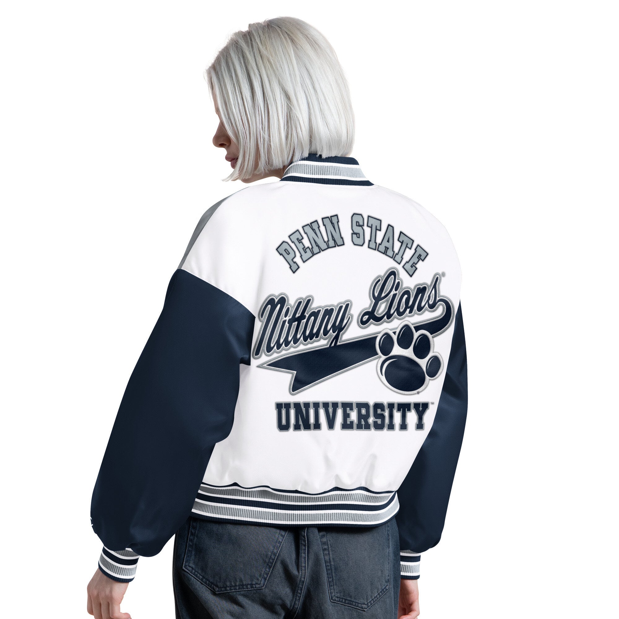 Women's Starter Navy/Gray Penn State Nittany Lions Game On Full Snap Varsity Jacket