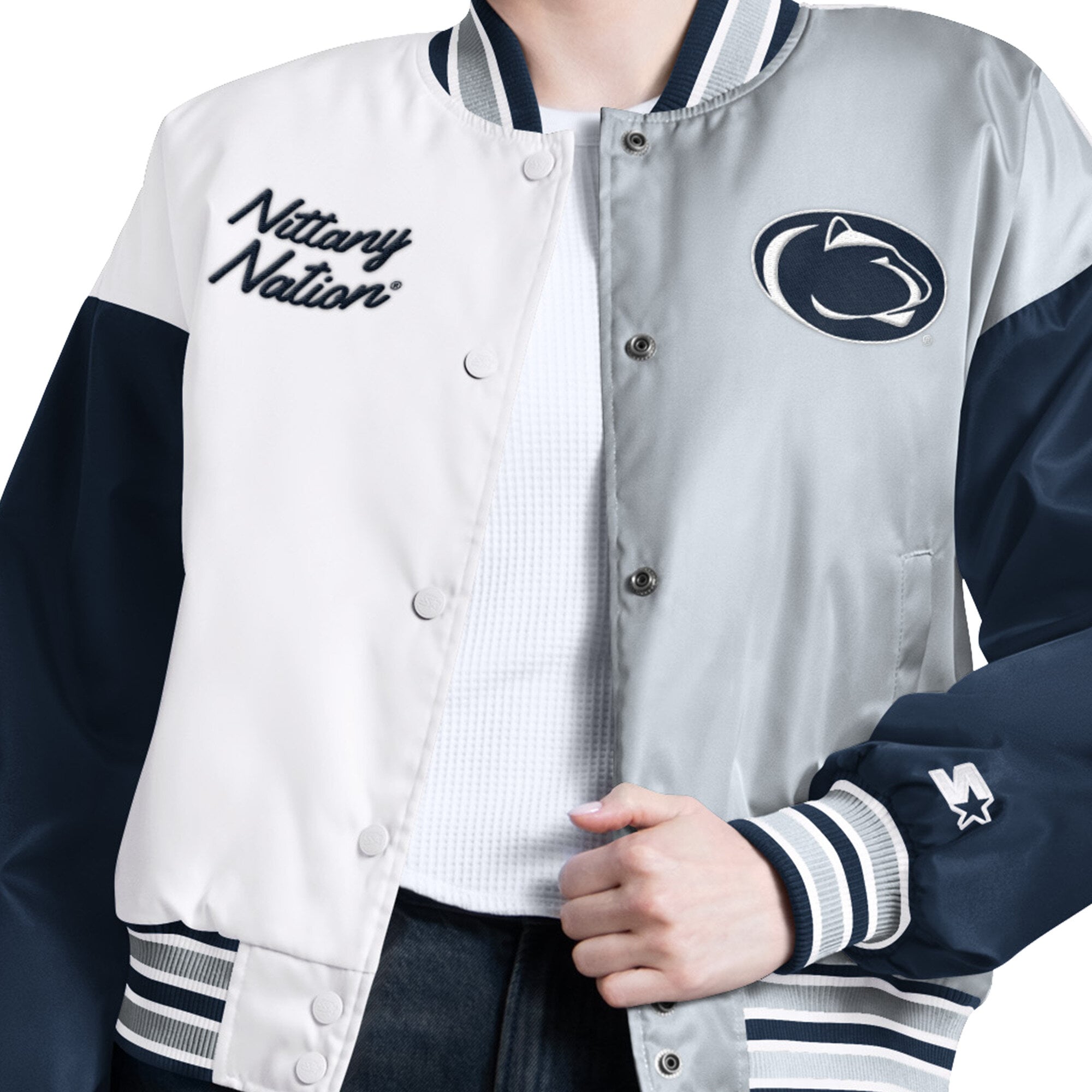 Women's Starter Navy/Gray Penn State Nittany Lions Game On Full Snap Varsity Jacket