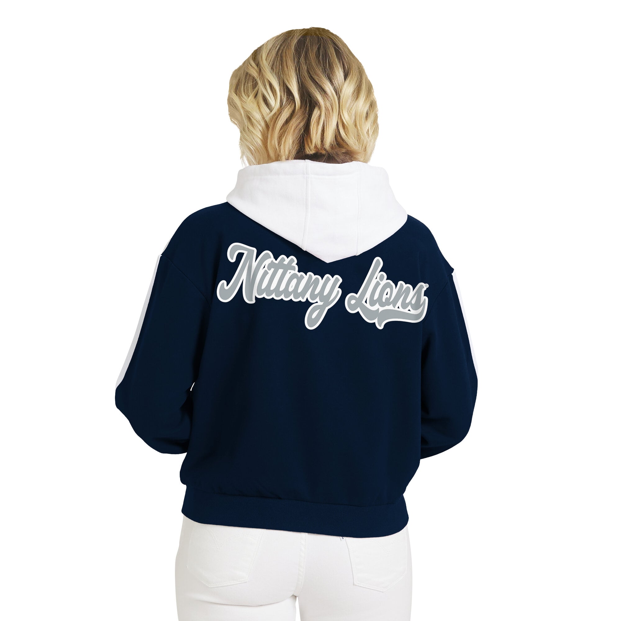 Sweat à capuche zippé bleu Penn State Nittany Lions rayures colorblock sur les manches, par Erin Andrews (WEAR by Andrews)