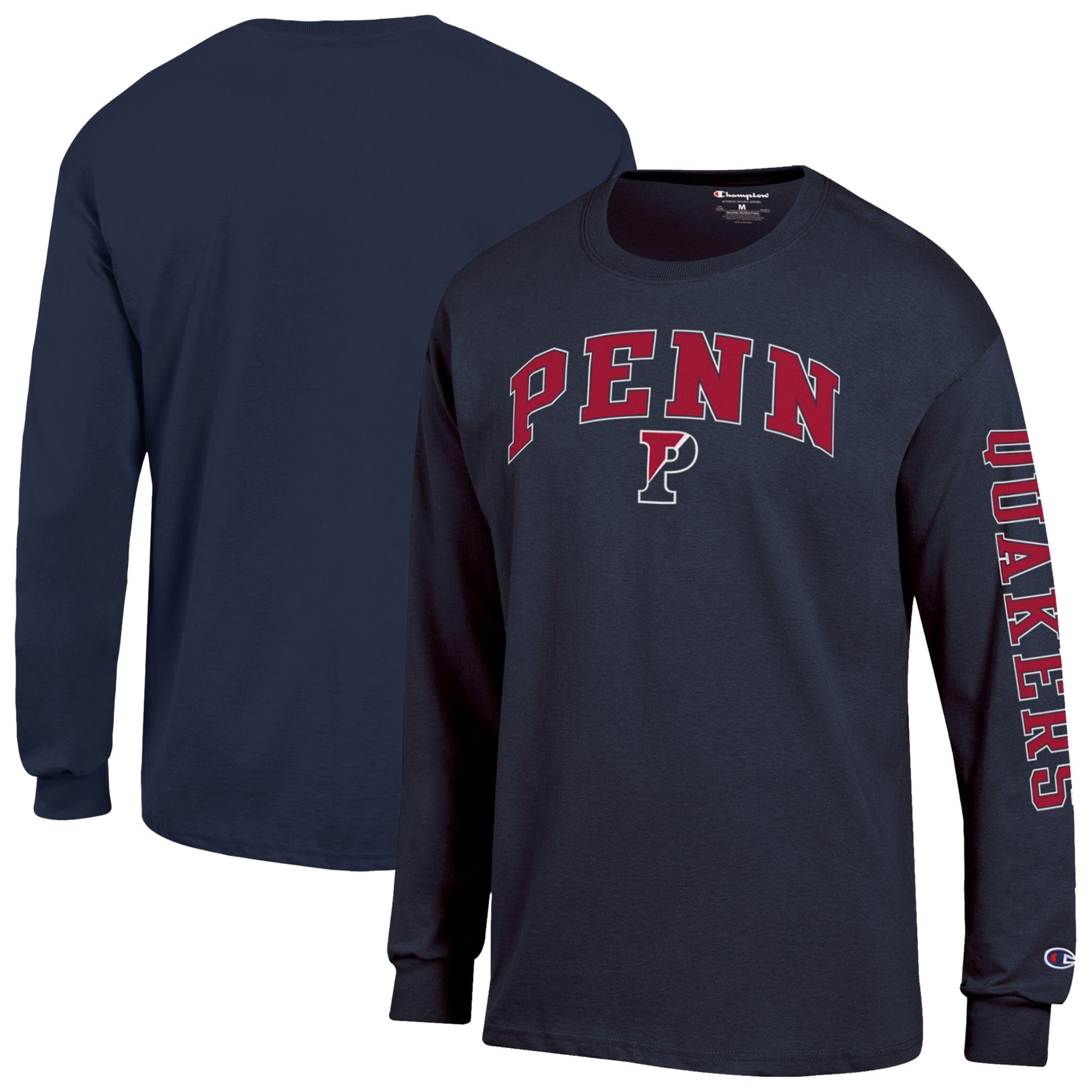 T-shirt à manches longues Champion pour homme, bleu marine, logo Quakers de Pennsylvanie, arche