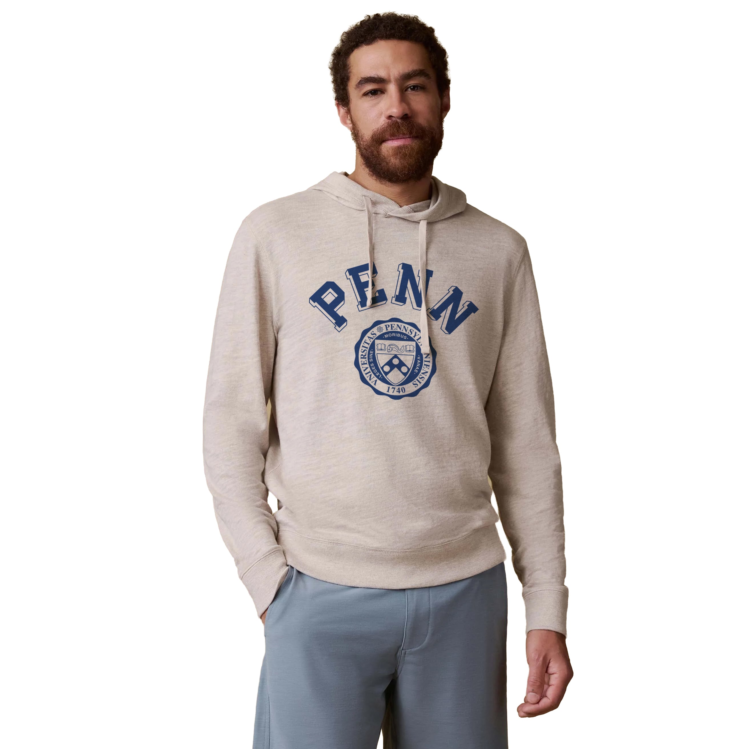 Sweat à capuche FAHERTY beige pour homme, style Pennsylvania Quakers, en tissu flammé délavé.