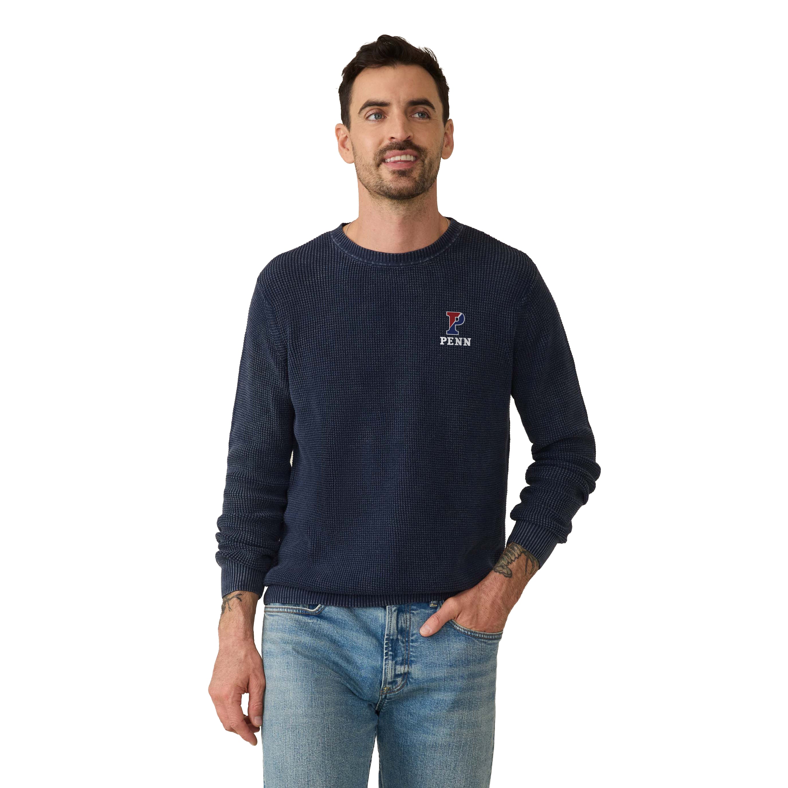 Pull FAHERTY bleu marine pour homme, style Quakers de Pennsylvanie, délavé au soleil