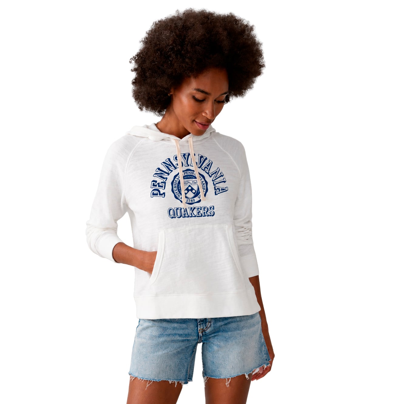 Sweat à capuche FAHERTY blanc pour femme, style Pennsylvania Quakers, en denim flammé délavé.