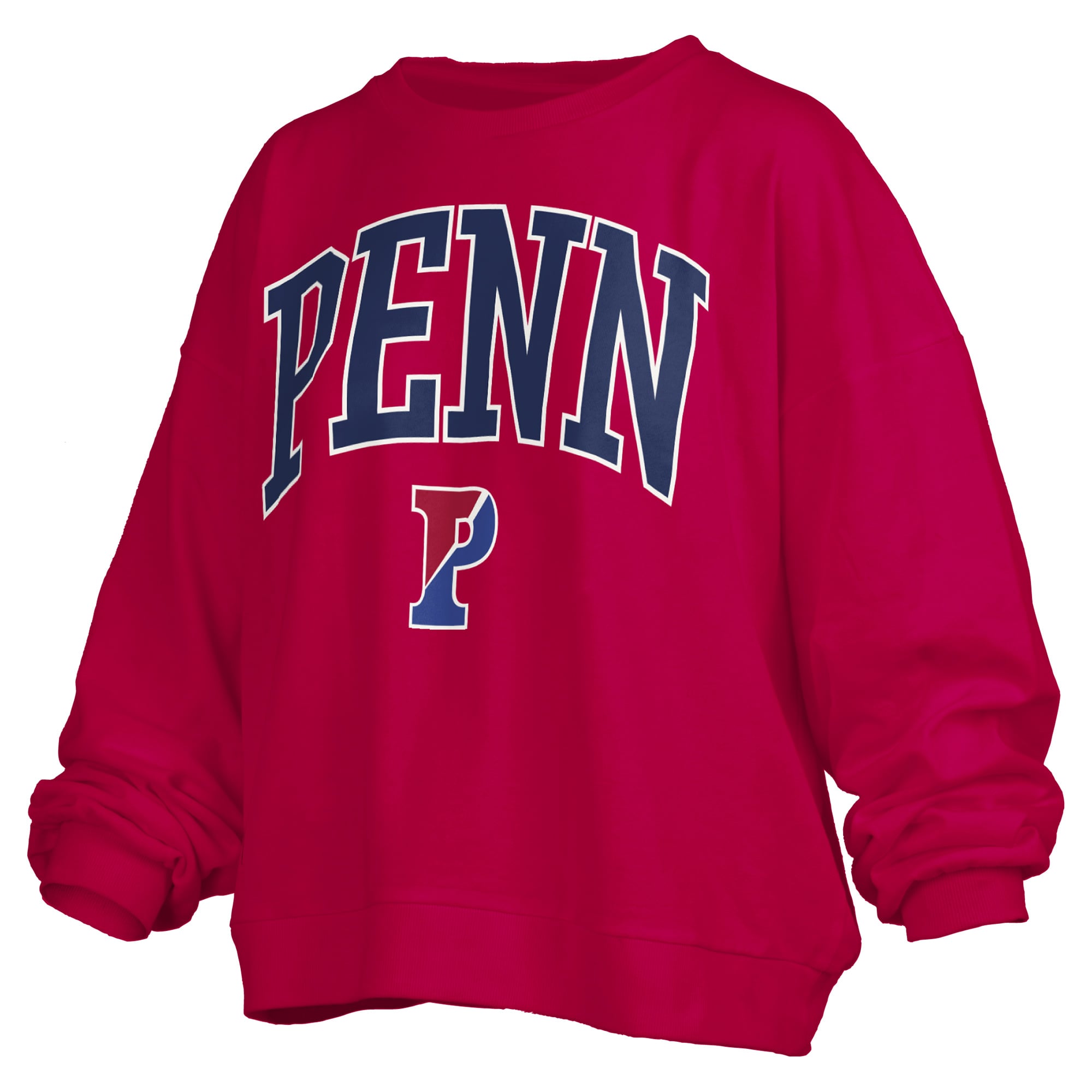 Women's Pressbox Red Pennsylvania Quakers Oversized Janise Arch Over Logo Fleece Sweatshirt