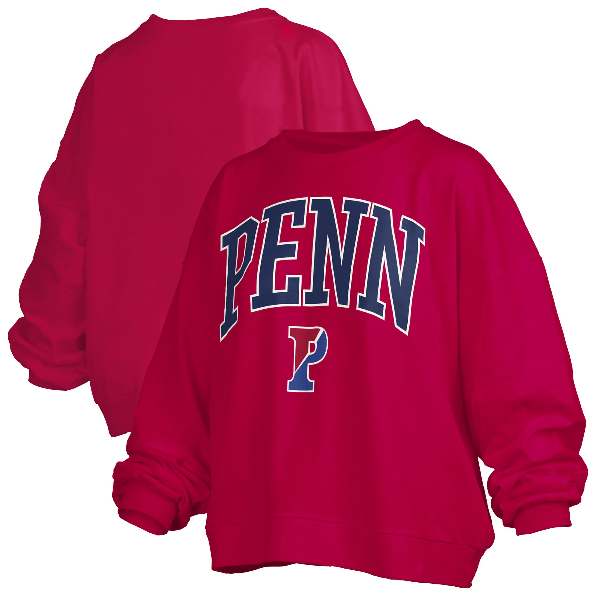 Women's Pressbox Red Pennsylvania Quakers Oversized Janise Arch Over Logo Fleece Sweatshirt