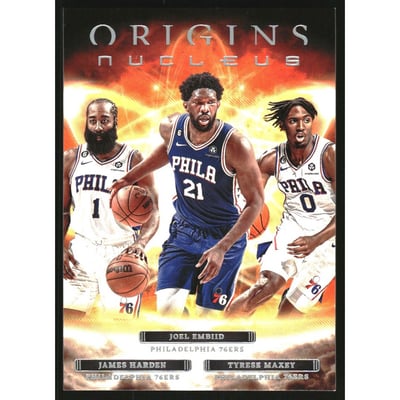 2022-23 Panini Origins Nucleus #3 Joel Embiid/Tyrese Maxey/James Harden