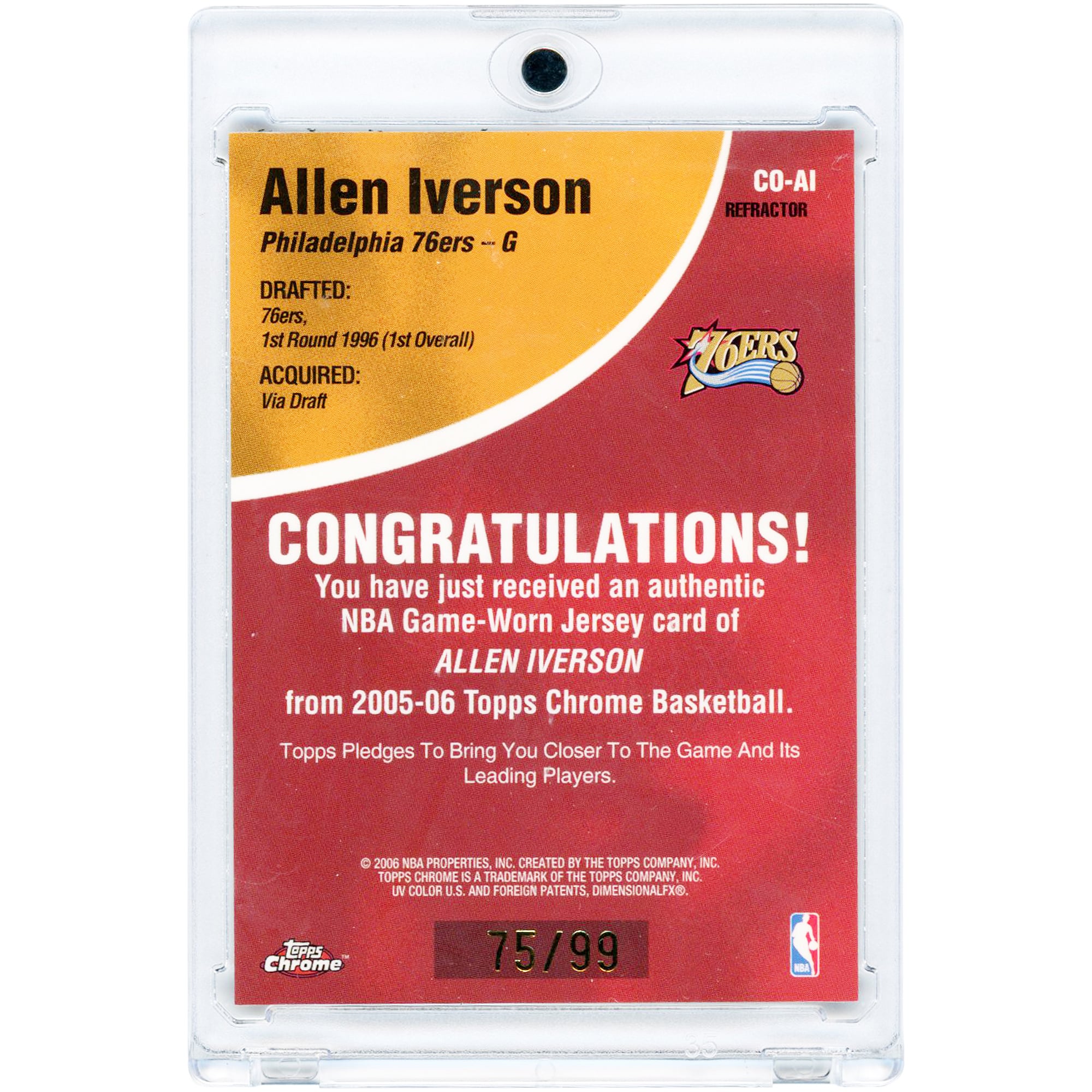 Allen Iverson Philadelphia 76ers 2005-06 Topps Chrome Chosen One Refractor Game Used Jersey Relic #CO-AI #75/99 Card