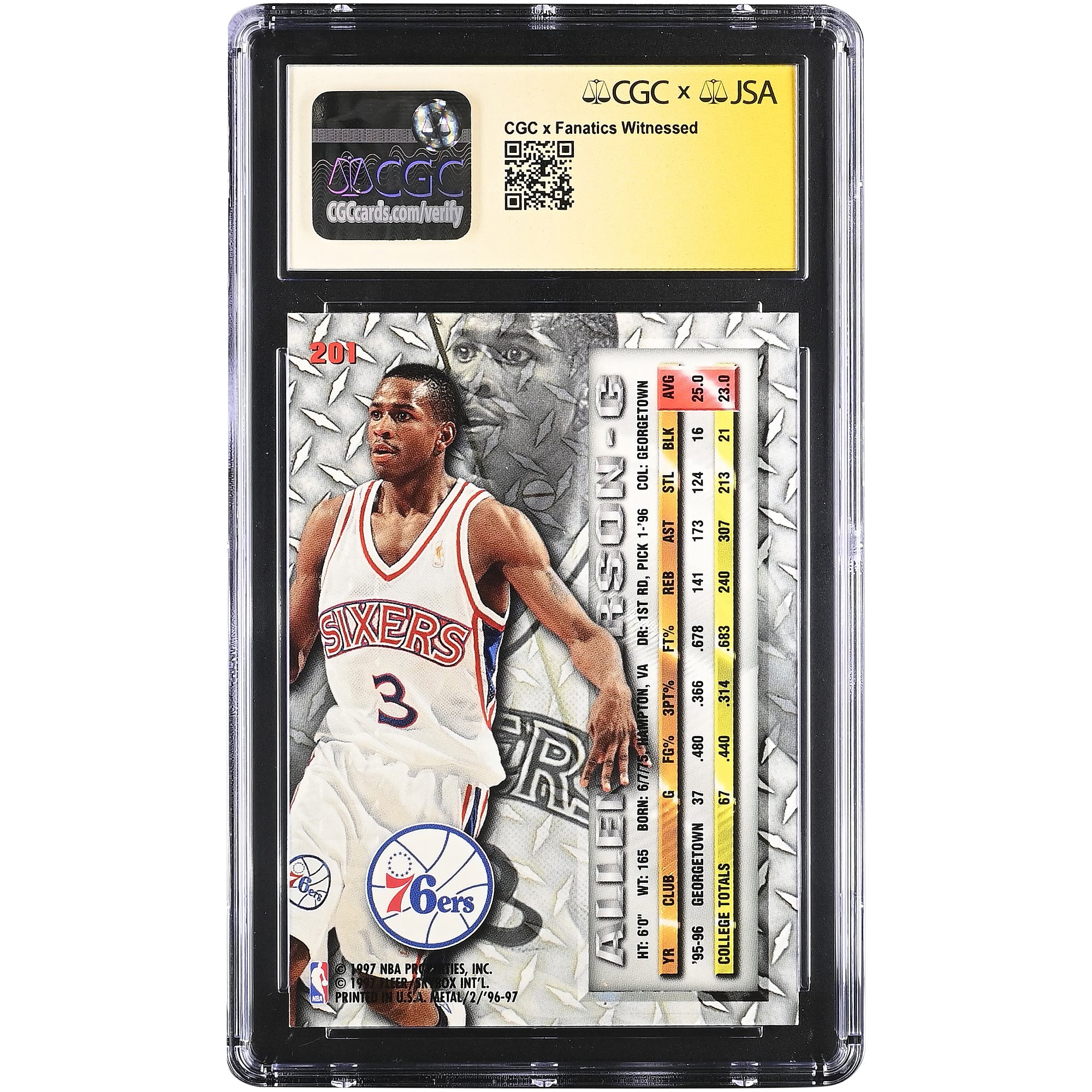 Carte de recrue d'Allen Iverson, Philadelphia 76ers, autographiée, saison 1996-97, Fleer Metal n° 201, authentifiée CGC Fanatics Witnessed, état 10/10