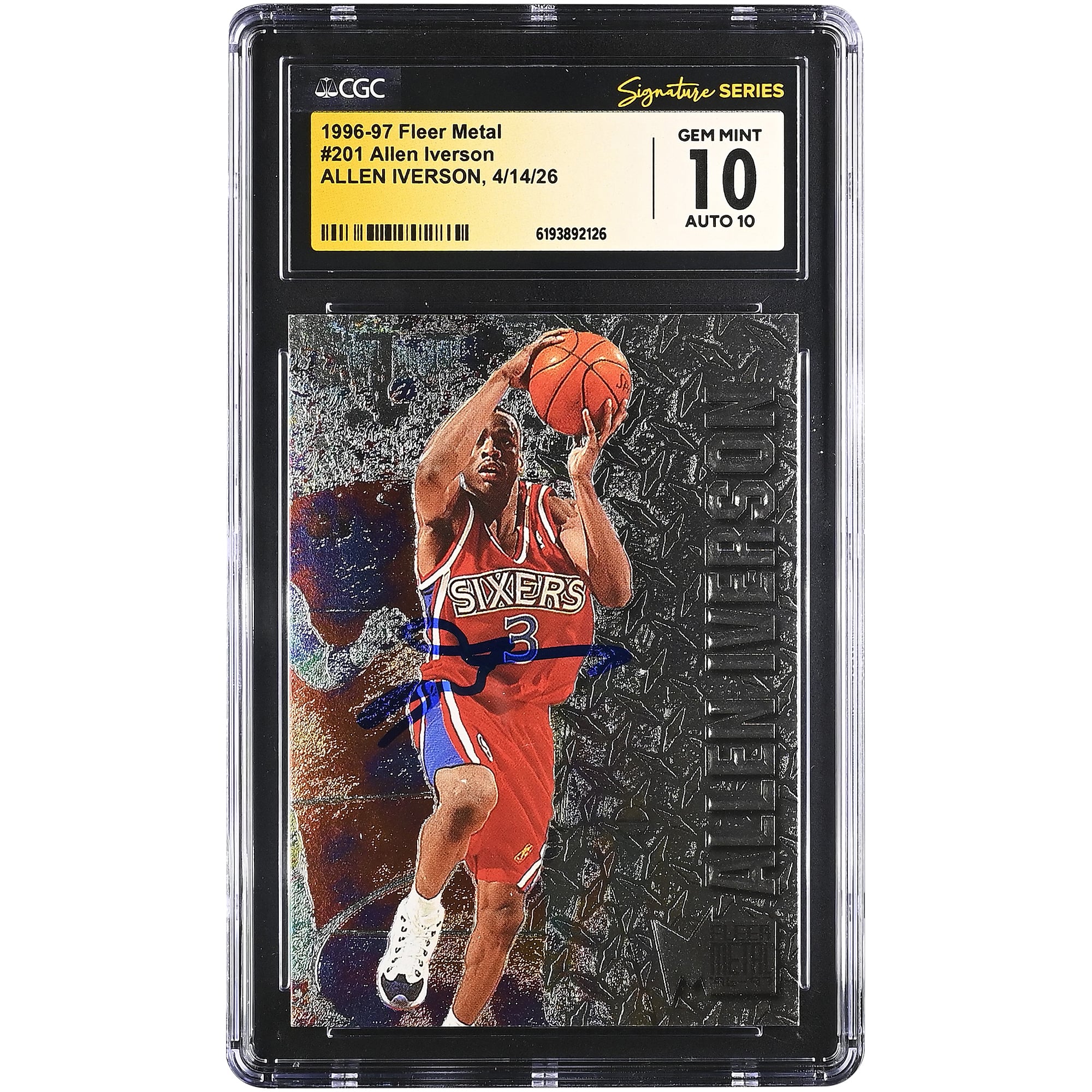 Carte de recrue d'Allen Iverson, Philadelphia 76ers, autographiée, saison 1996-97, Fleer Metal n° 201, authentifiée CGC Fanatics Witnessed, état 10/10
