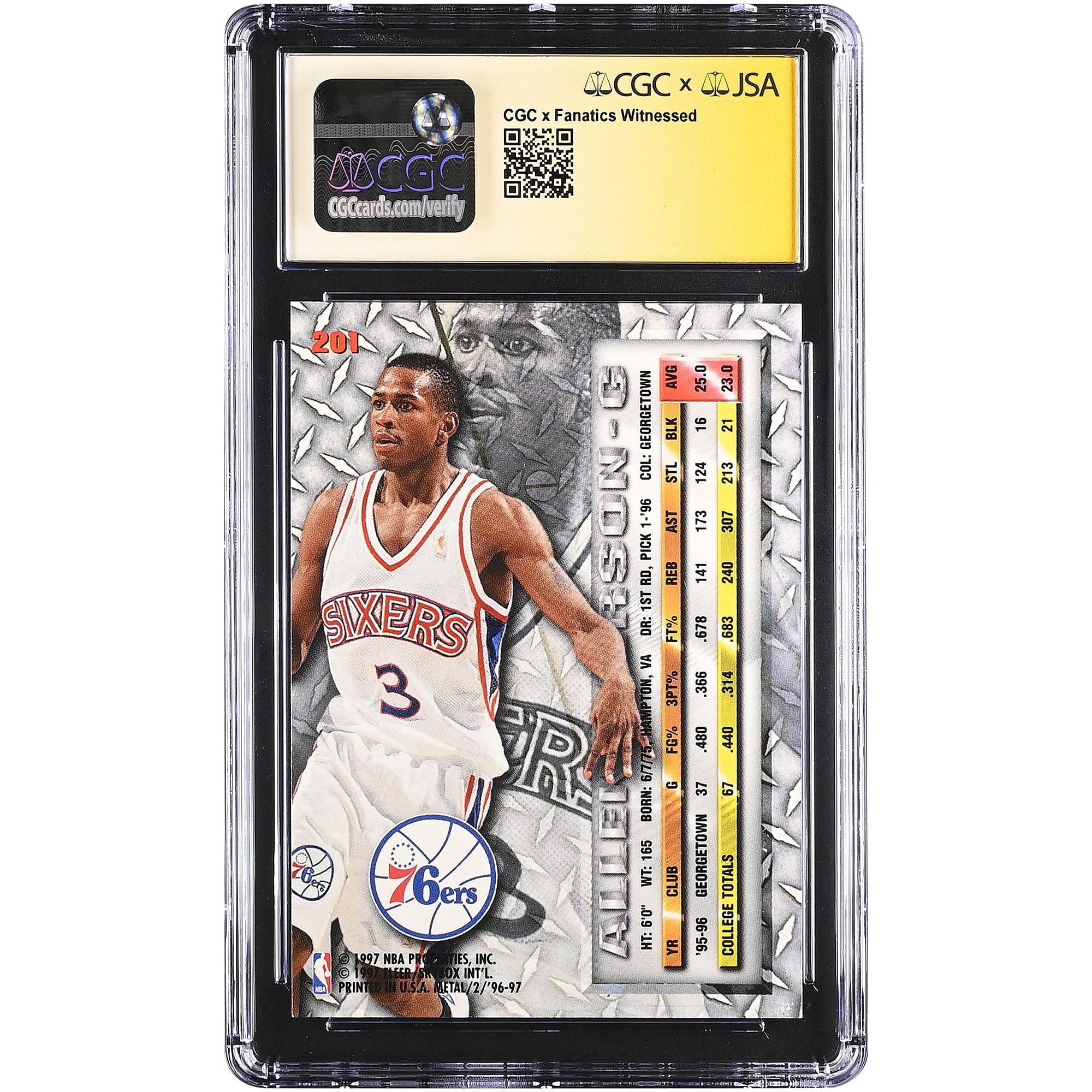 Allen Iverson Philadelphia 76ers Autographed 1996-97 Fleer Metal #201 CGC Fanatics Witnessed Authenticated /10 Rookie Card