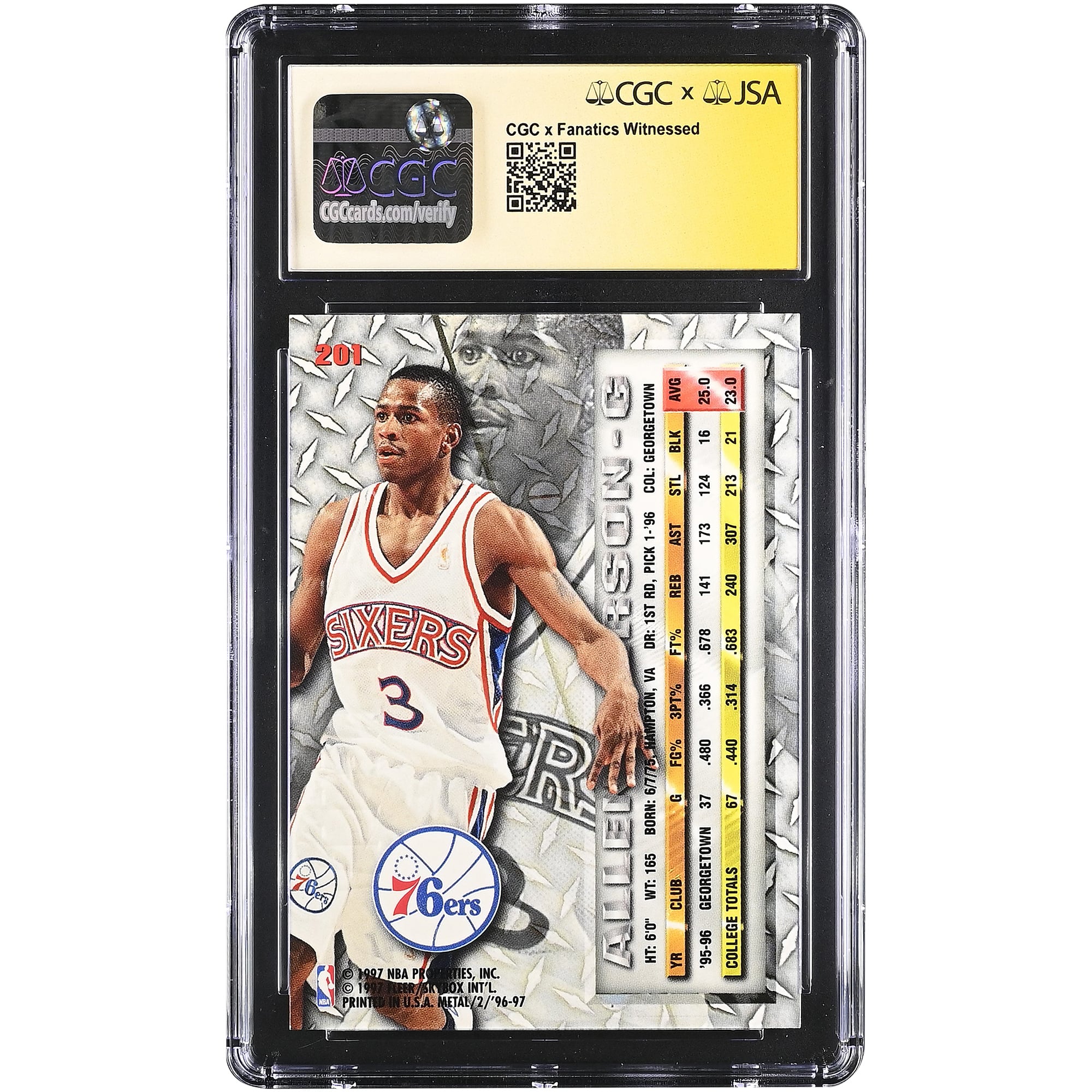 Carte de recrue d'Allen Iverson, Philadelphia 76ers, autographiée, saison 1996-97, Fleer Metal n° 201, authentifiée par CGC Fanatics Witnessed (note 9,5/10).