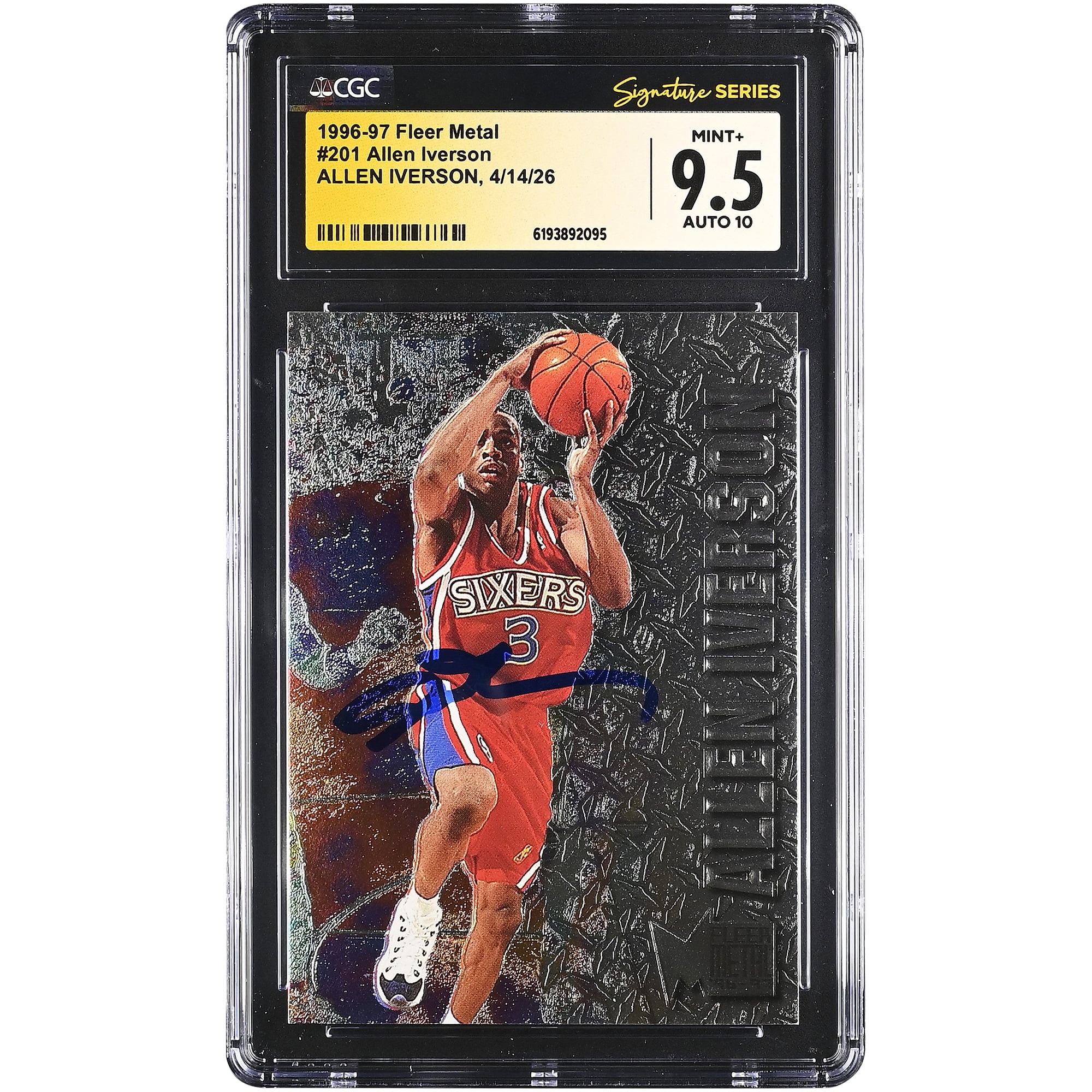 Carte de recrue d'Allen Iverson, Philadelphia 76ers, autographiée, saison 1996-97, Fleer Metal n° 201, authentifiée par CGC Fanatics Witnessed (note 9,5/10).