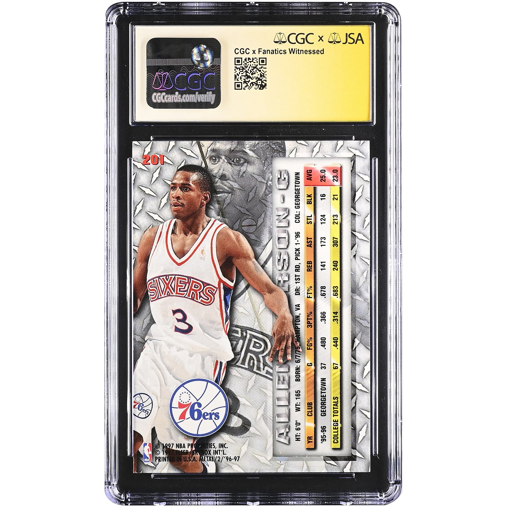 Allen Iverson Philadelphia 76ers Autographed 1996-97 Fleer Metal #201 CGC Fanatics Witnessed Authenticated AUTO 10 Rookie Card