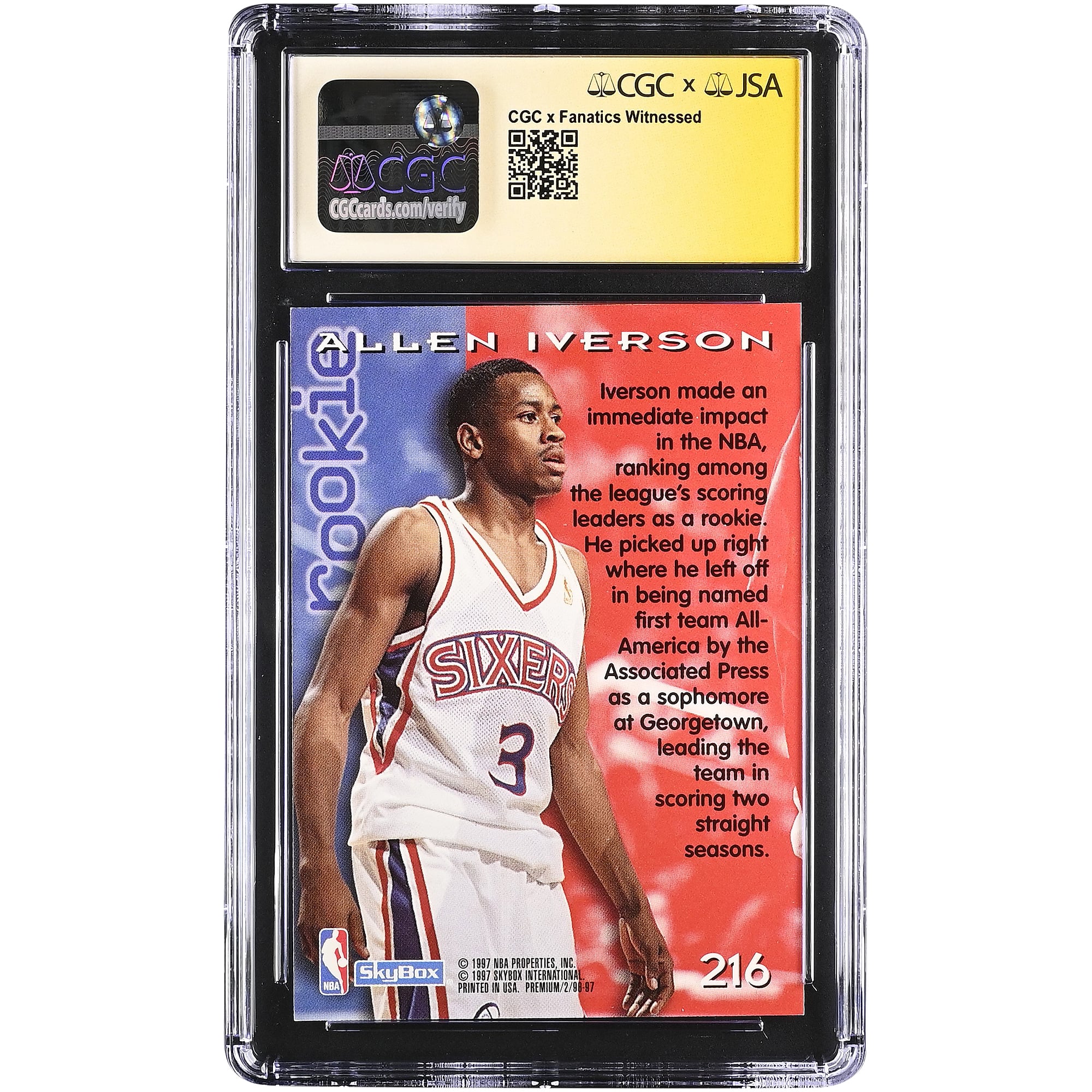 Allen Iverson Philadelphia 76ers Autographed 1996-97 SkyBox Premium #216 CGC Fanatics Witnessed Authenticated /10 Rookie Card