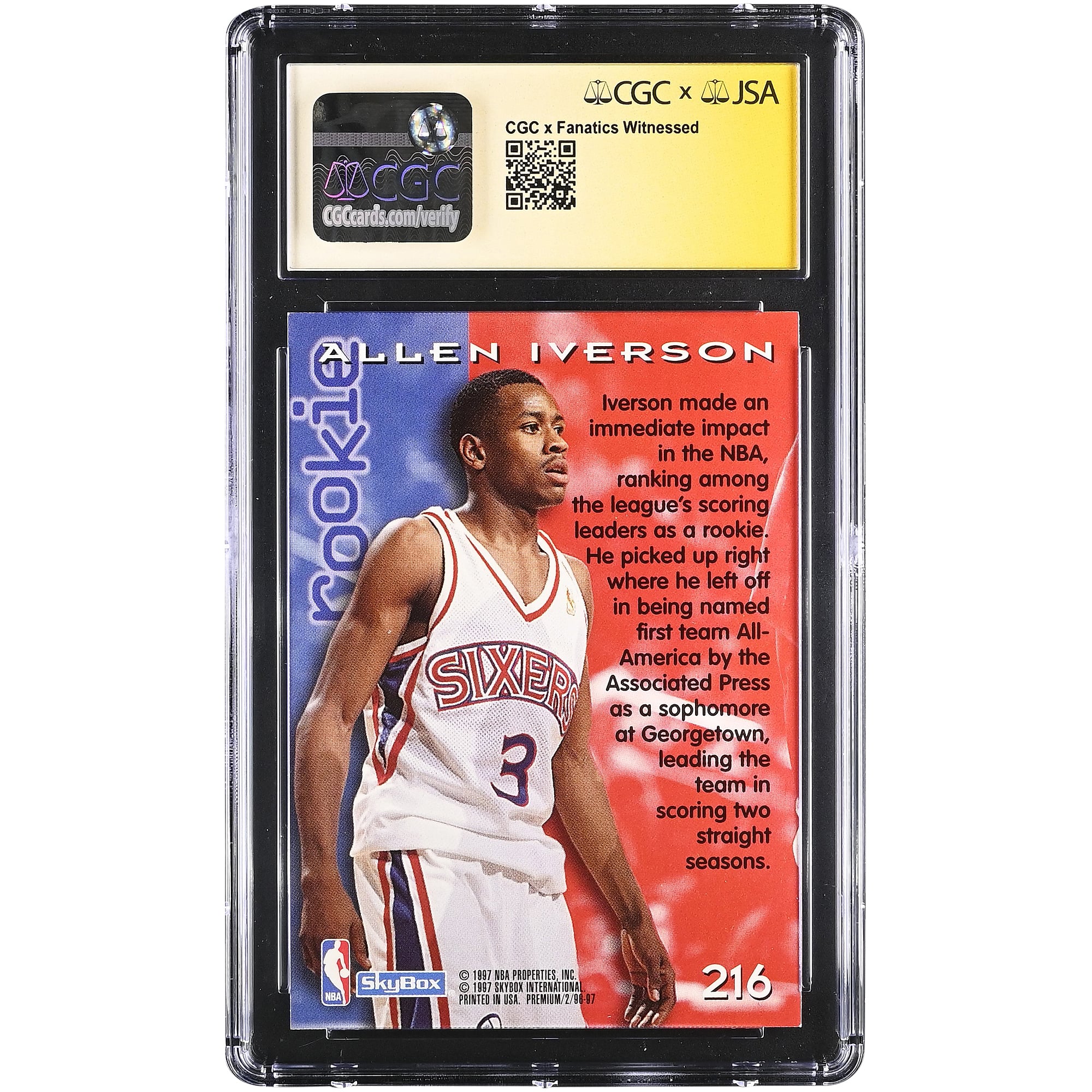 Carte de recrue d'Allen Iverson, Philadelphia 76ers, autographiée, SkyBox Premium 1996-97, n° 216, authentifiée par Fanatics Witnessed (CGC), note 9,5/10.