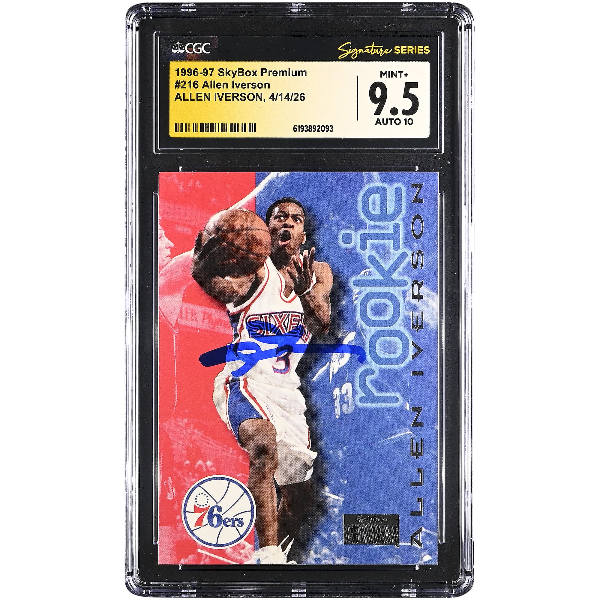 Carte de recrue d'Allen Iverson, Philadelphia 76ers, autographiée, SkyBox Premium 1996-97, n° 216, authentifiée par Fanatics Witnessed (CGC), note 9,5/10.