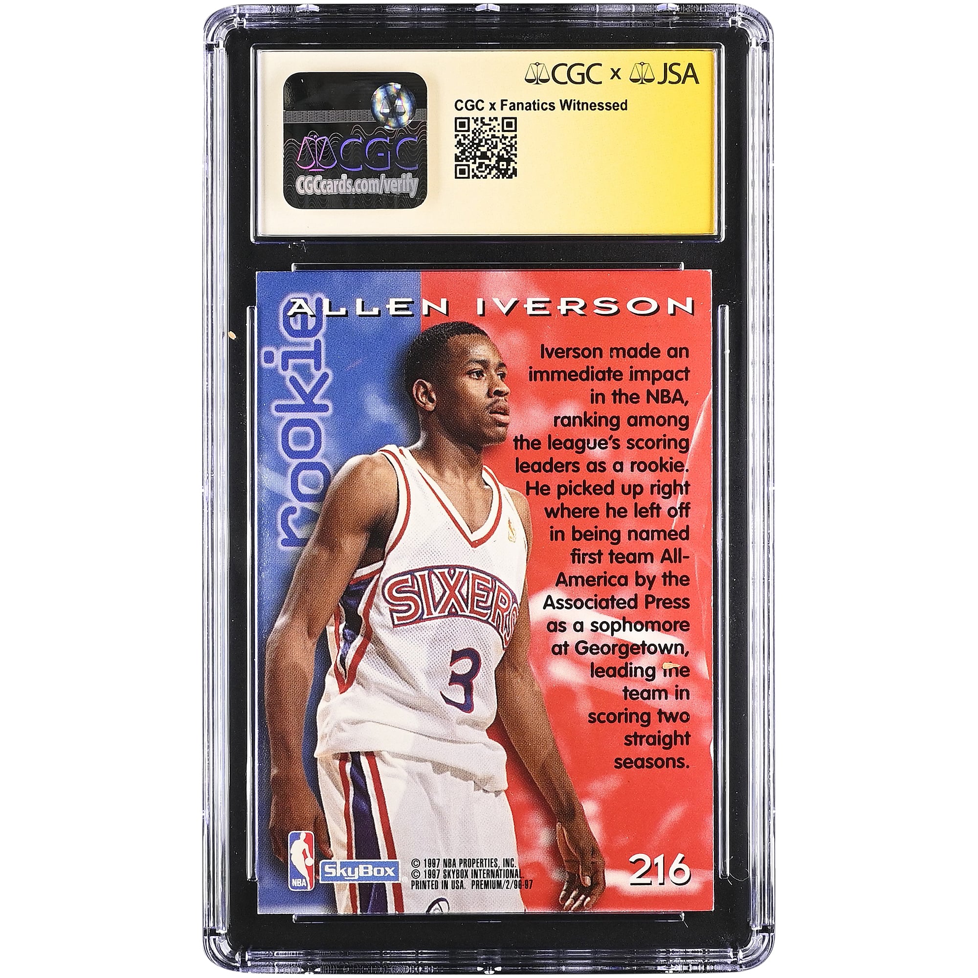 Allen Iverson Philadelphia 76ers Autographed 1996-97 SkyBox Premium #216 CGC Fanatics Witnessed Authenticated AUTO 10 Rookie Card