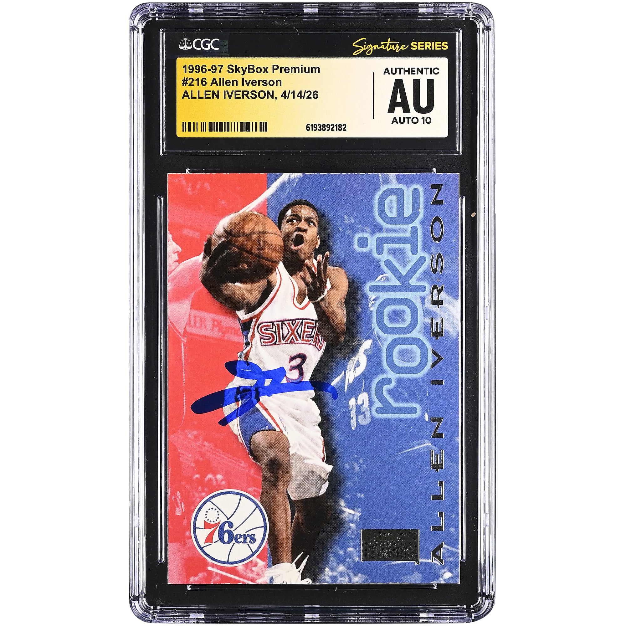 Allen Iverson Philadelphia 76ers Autographed 1996-97 SkyBox Premium #216 CGC Fanatics Witnessed Authenticated AUTO 10 Rookie Card
