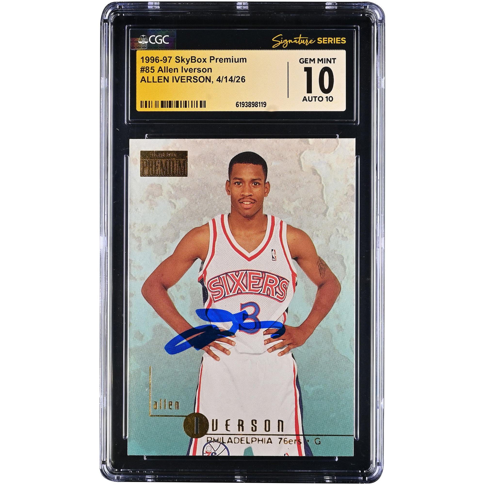 Carte de recrue d'Allen Iverson, Philadelphia 76ers, autographiée, SkyBox Premium 1996-97, n° 85, authentifiée CGC Fanatics Witnessed, 10/10