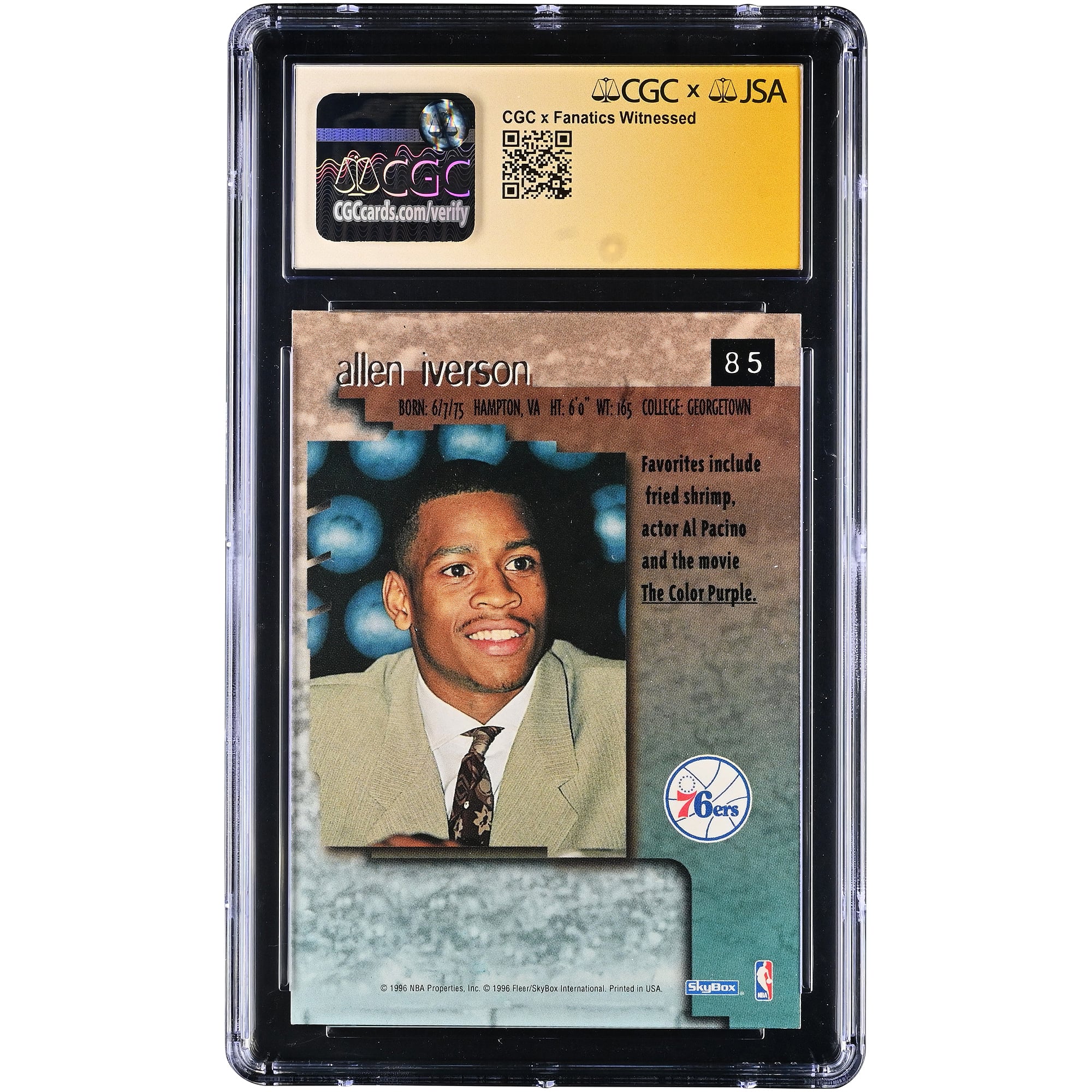 Carte de recrue d'Allen Iverson, Philadelphia 76ers, autographiée, SkyBox Premium 1996-97, n° 85, authentifiée CGC Fanatics Witnessed, 10/10