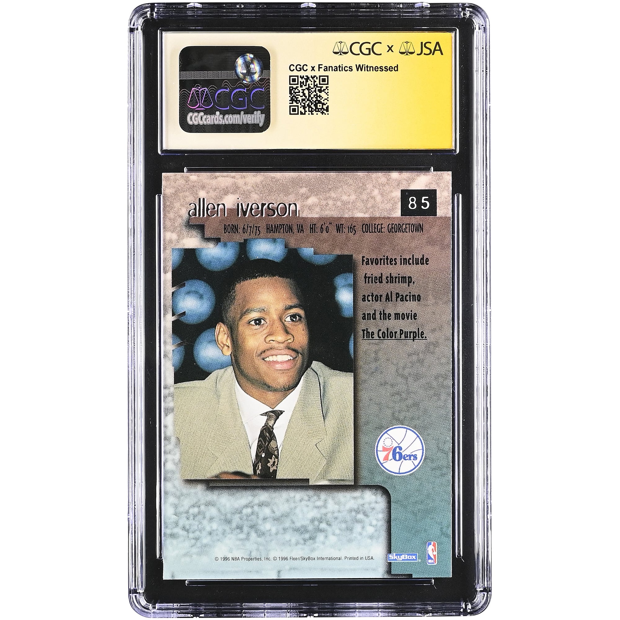 Allen Iverson Philadelphia 76ers Autographed 1996-97 SkyBox Premium #85 CGC Fanatics Witnessed Authenticated /10 Rookie Card