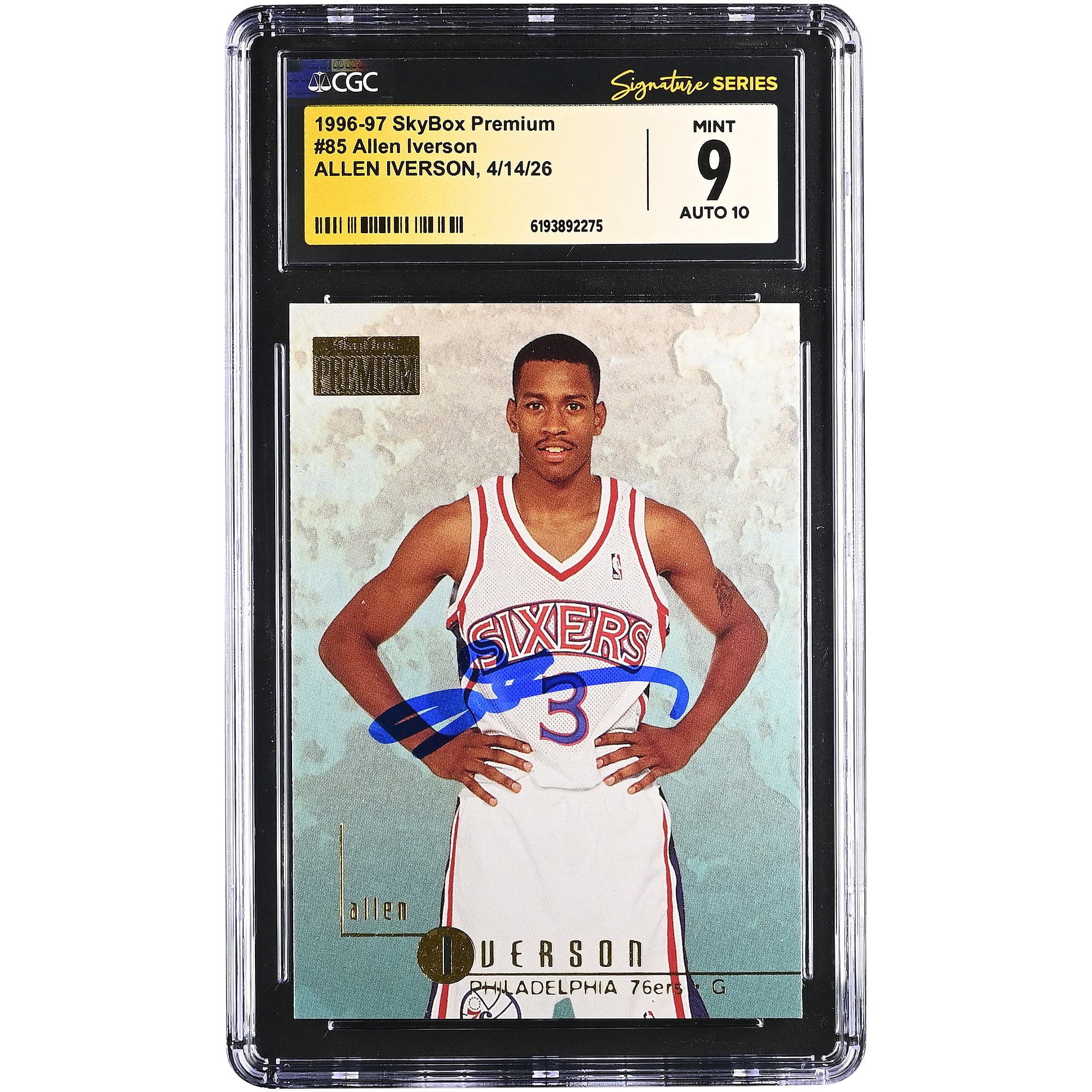 Allen Iverson Philadelphia 76ers Autographed 1996-97 SkyBox Premium #85 CGC Fanatics Witnessed Authenticated /10 Rookie Card