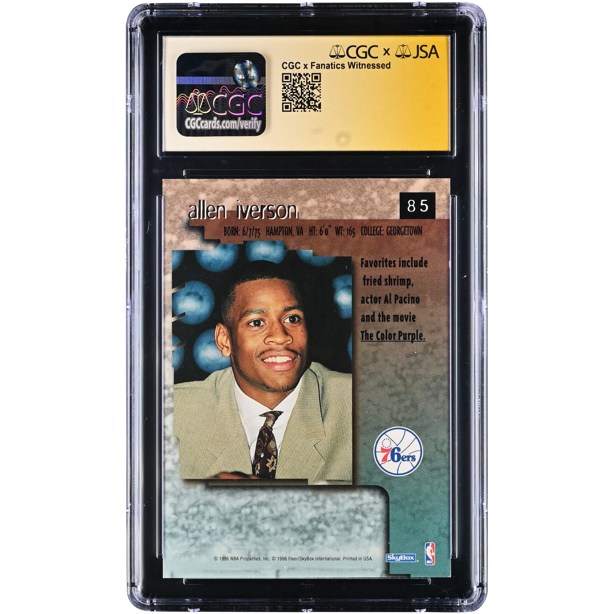 Carte de recrue d'Allen Iverson, Philadelphia 76ers, autographiée, SkyBox Premium 1996-97, n° 85, authentifiée par Fanatics Witnessed (CGC), note 9,5/10.