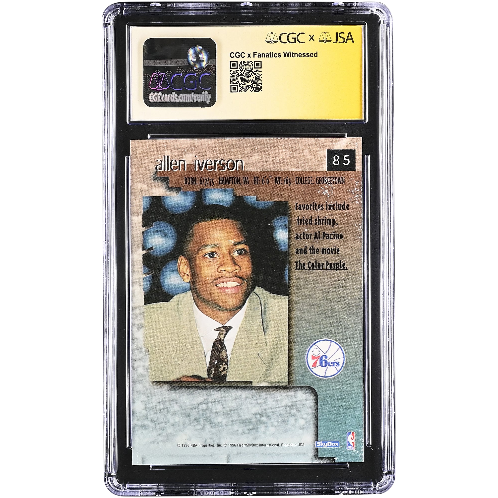 Allen Iverson Philadelphia 76ers Autographed 1996-97 SkyBox Premium #85 CGC Fanatics Witnessed Authenticated AUTO 10 Rookie Card