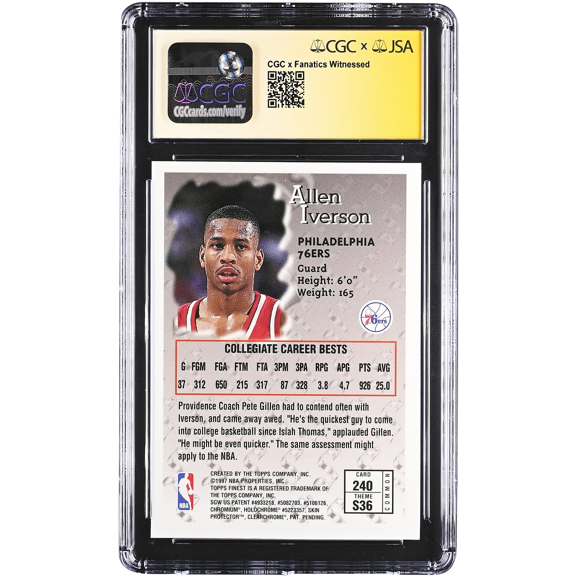 Allen Iverson Philadelphia 76ers Autographed 1996-97 Topps Finest #240 CGC Fanatics Witnessed Authenticated /10 Rookie Card