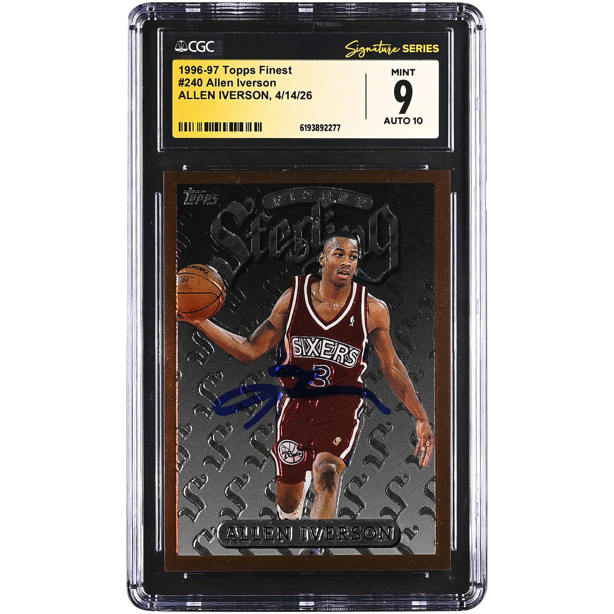 Allen Iverson Philadelphia 76ers Autographed 1996-97 Topps Finest #240 CGC Fanatics Witnessed Authenticated /10 Rookie Card