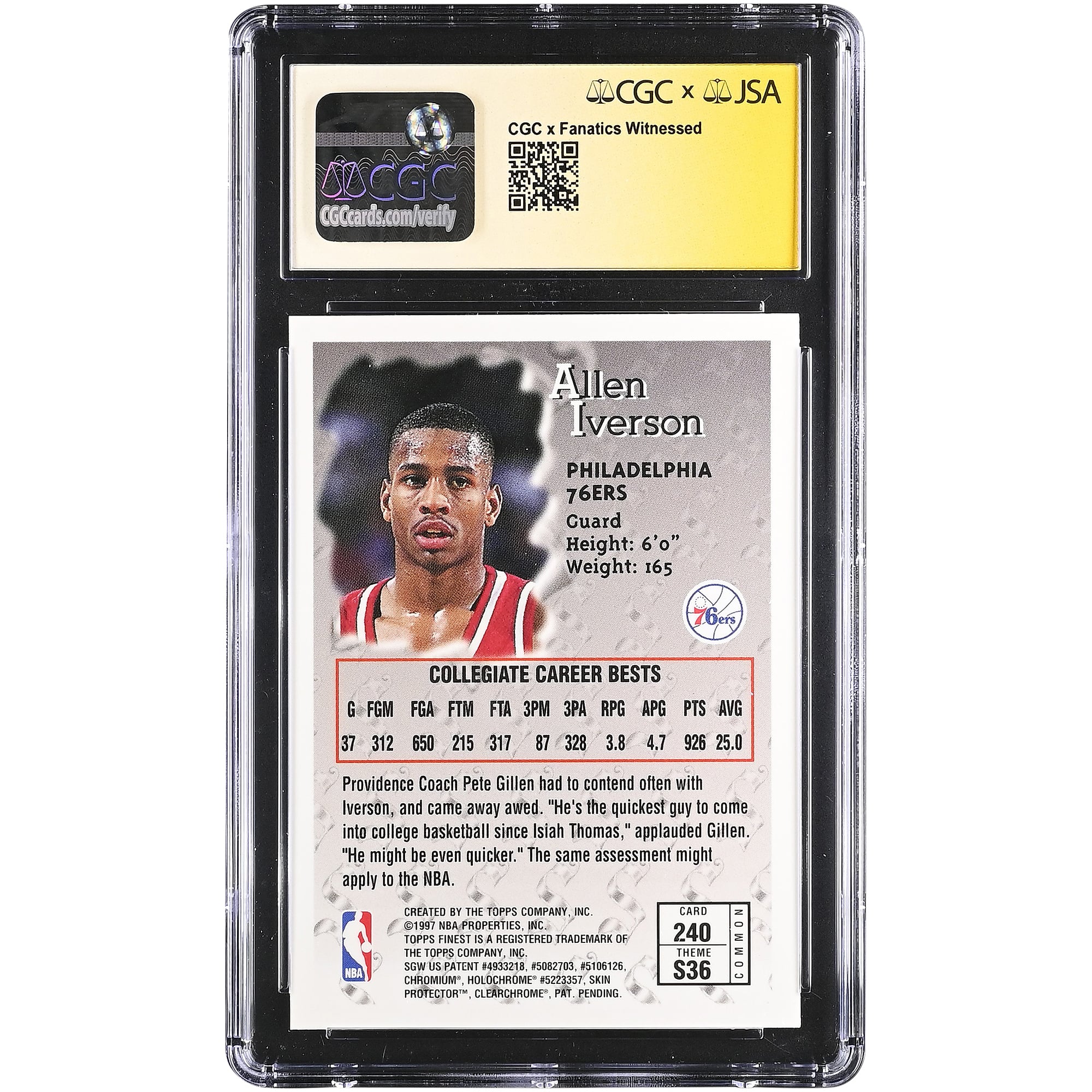 Carte de recrue d'Allen Iverson, Philadelphia 76ers, autographiée, Topps Finest 1996-97, n° 240, authentifiée par CGC Fanatics Witnessed, note 9,5/10.
