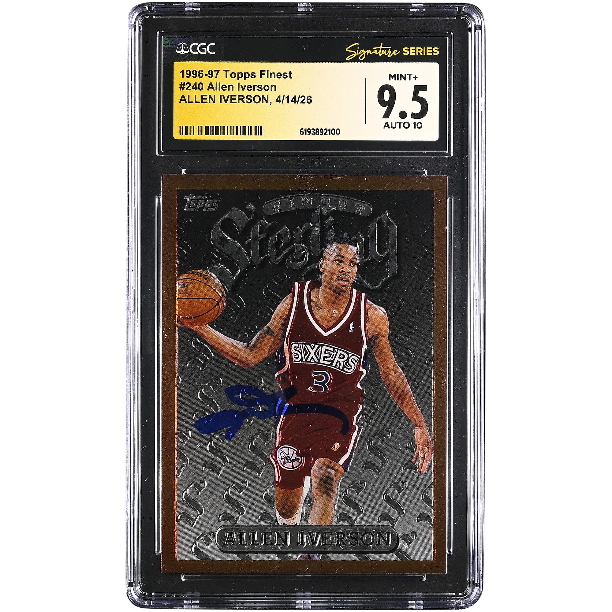 Carte de recrue d'Allen Iverson, Philadelphia 76ers, autographiée, Topps Finest 1996-97, n° 240, authentifiée par CGC Fanatics Witnessed, note 9,5/10.