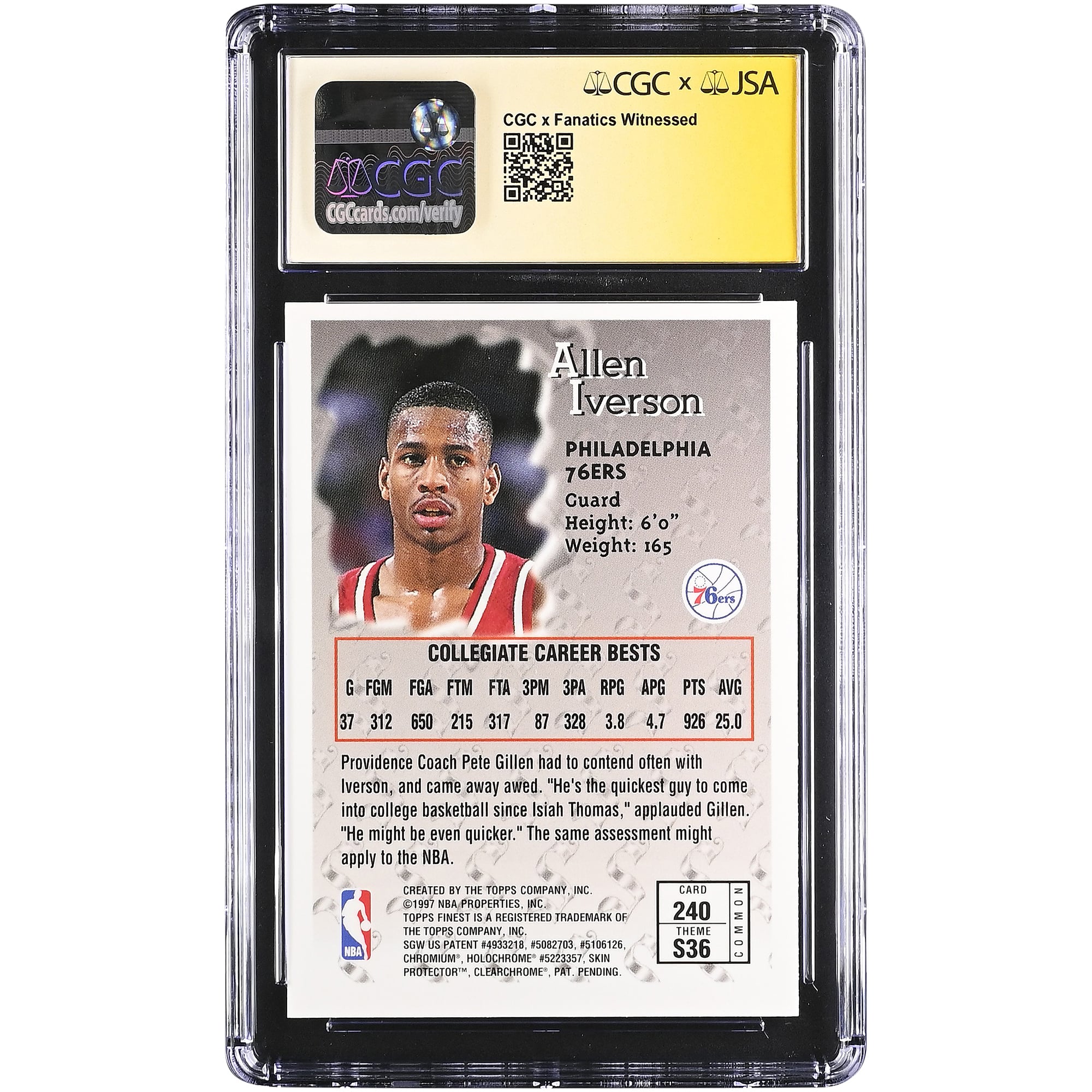Allen Iverson Philadelphia 76ers Autographed 1996-97 Topps Finest #240 CGC Fanatics Witnessed Authenticated AUTO 10 Rookie Card